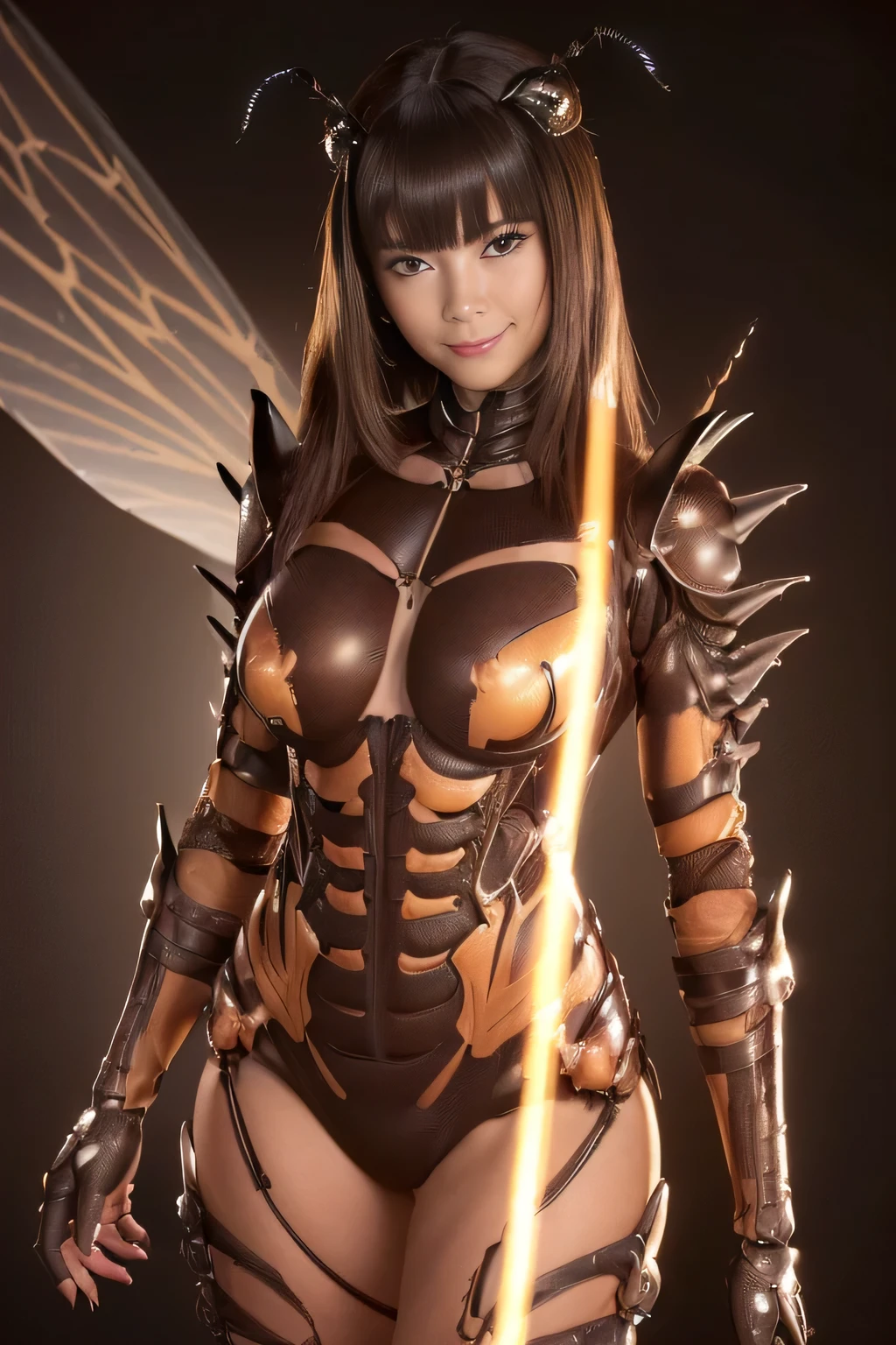 (high resolution,masterpiece,best quality,extremely detailed CG, anime, official art:1.4), realistic, photo, amazing fine details, all intricate, gloss and shiny,awesome many layers, 8k wall paper, 3d, sketch, kawaii, illustration,( solo:1.4), perfect female proportion,villainess, (fusion of dark brown cockroach and lady:1.4), (brown cockroach form lady:1.2), (brown cockroach lady:1.2), (fusion:1.2), (solo:1.4), (evil smile:1.2), muscular, abs, (cockroach brown exoskeleton bio insect suit:1.4), (cockroach brown exoskeleton bio insect armor:1.2), (brown transparency cockroach wing:1.4), (brown cockroach antennae:1.3),