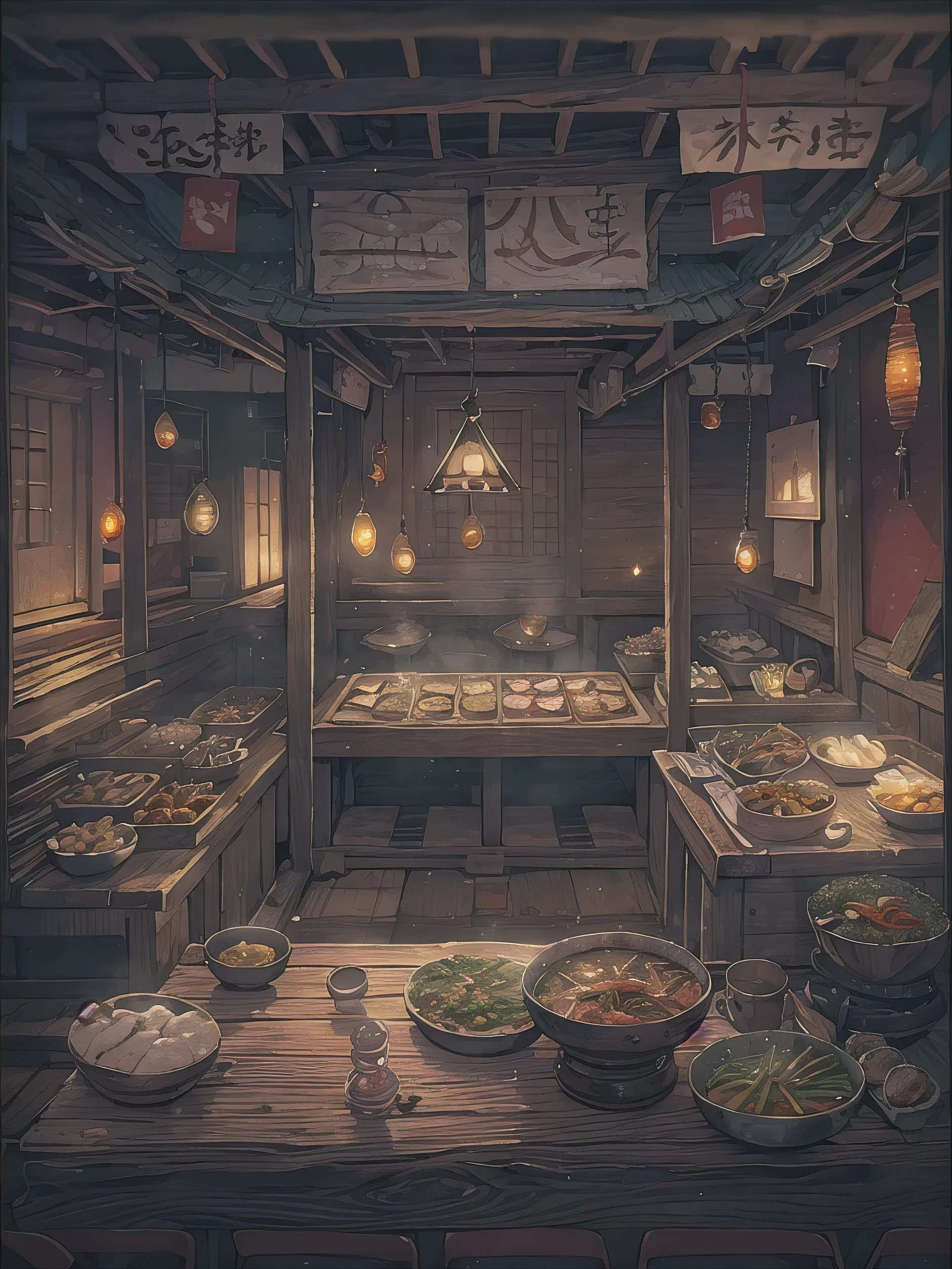 (masterpiece), best quality, very detailed, fantasy art, Oriental traditional restaurant, Korean restaurant atmosphere, Indoor food stall atmosphere, Old atmosphere from the 1600s, Shown only as background, no people, Dark ambient lighting in the middle of the night, Screen viewed from a 25 degree angle, A quick look down at the cooking table, space without people