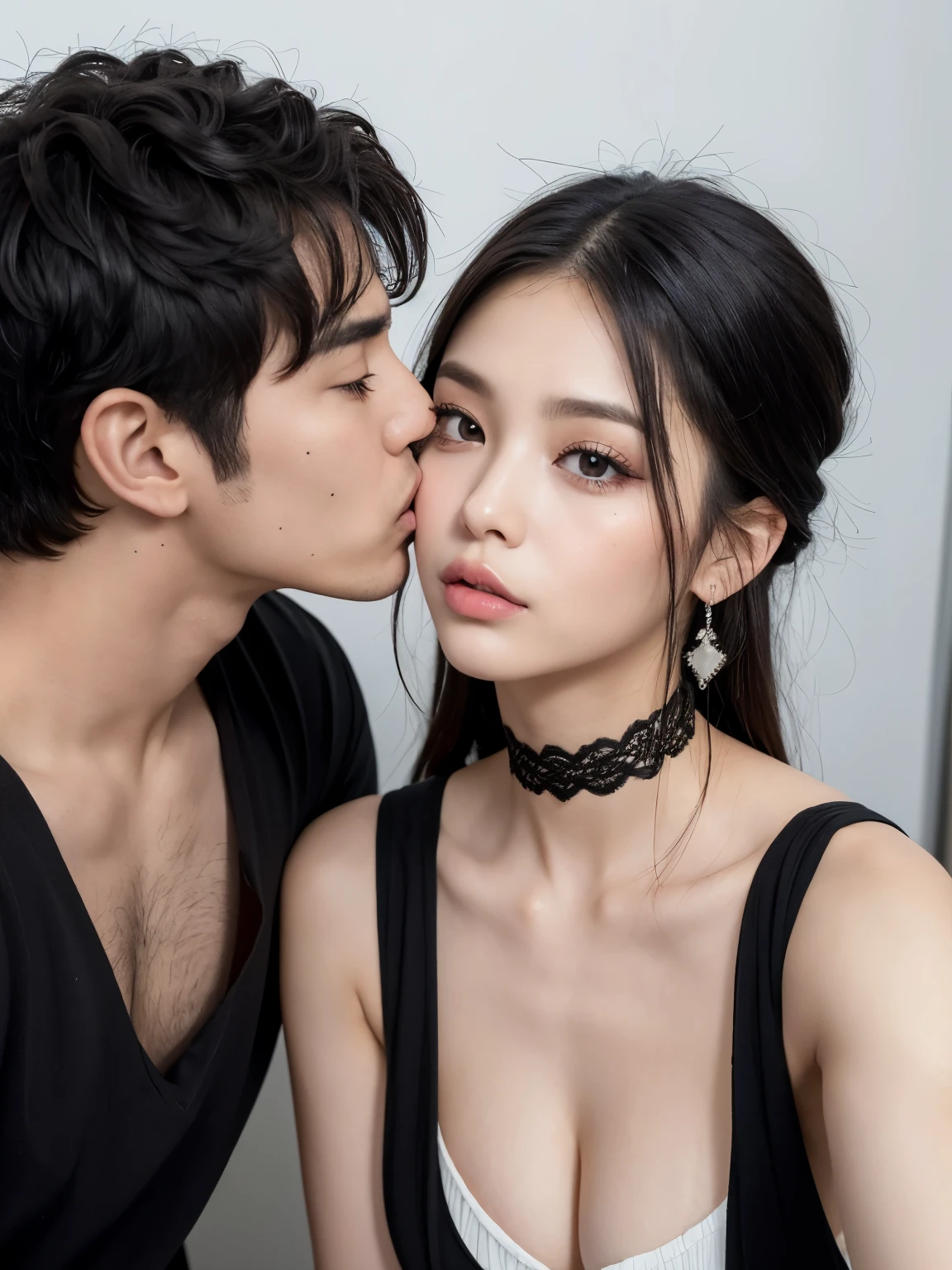 Kim Jennie con el cabello negro oscuro, con rulos en las puntas del cabello negro oscuro, con un ganchito de estrella en el cabello negro oscuro, ojos de color claro, ojos bonitos, ojos llorosos, nariz bonita y respingada, labios bonitos, labios rosas, heart and cupid shaped lip, piel bonita, pale, piel blanca, con lunares y pecas en todo el rostro, rubor rosa suave en las mejilla, rubor rosa natural, dark and gothic makeup, Jennie gotica, mientras ella esta con un chico lindo a su lado, with a cute asian boy standing next to her, mientras hay un torso de hombre, mientras el hombre'His hand is on his jaw.., manos bonitas de hombre, with a gothic boy, cuellos bonito, cuello marcado, frown, mirada enojada, con un collar de beso, un collar bonito de beso, mientras sus pezones son notorios (pechos grandes, pechos suaves, pechos bonitos, pechos naturales), con un vestido blanco, vestido corto y transparente, visible on the nipple, con un chico a su lado, con su novio, mirando a la camara, autofoto