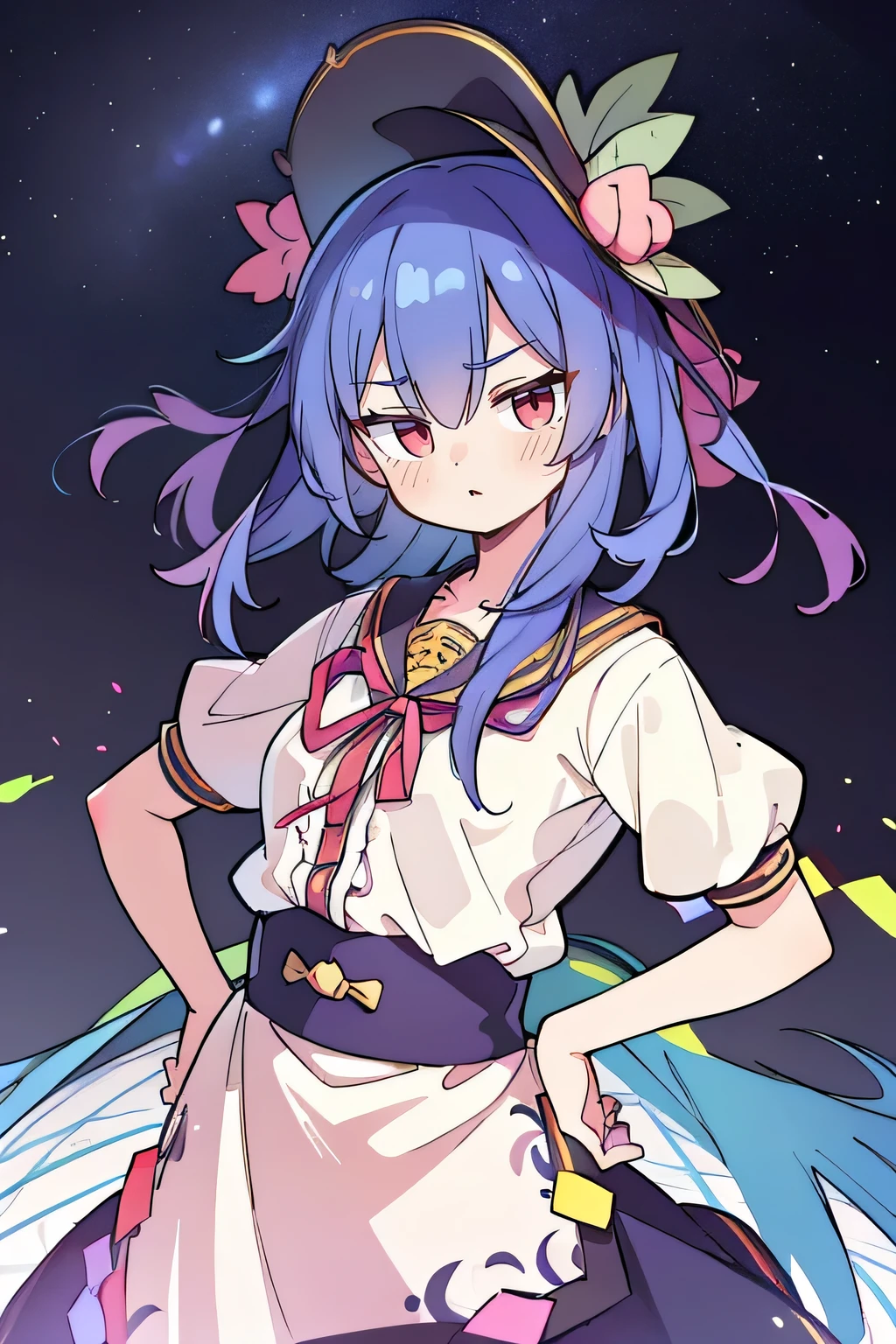 (best quality,highres,masterpiece:1.2),ultra-detailed,(realistic:1.37), expressive eyes, perfect face, 1 girl, hands on waist, beautiful, glamorous, Japanese anime, girl, Lola, Chouno Angel, blue hair, floating clothes, waist grabbing, hands on hips, flat-chested, starry sky