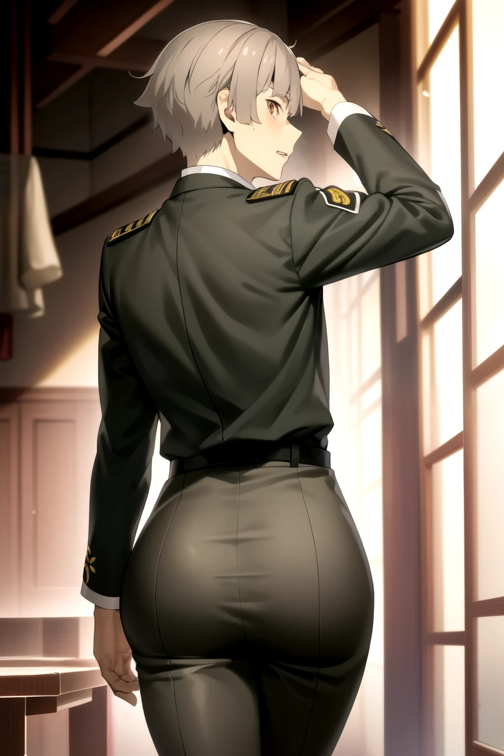 masterpiece, best quality, high quality, 1boy, solo, male focus, looking at viewer, nakajima_atsushi, grey hair, (miltary uniforml uniform: 1.2), hentai face,Taisho era, rear view, shows ass, butt 