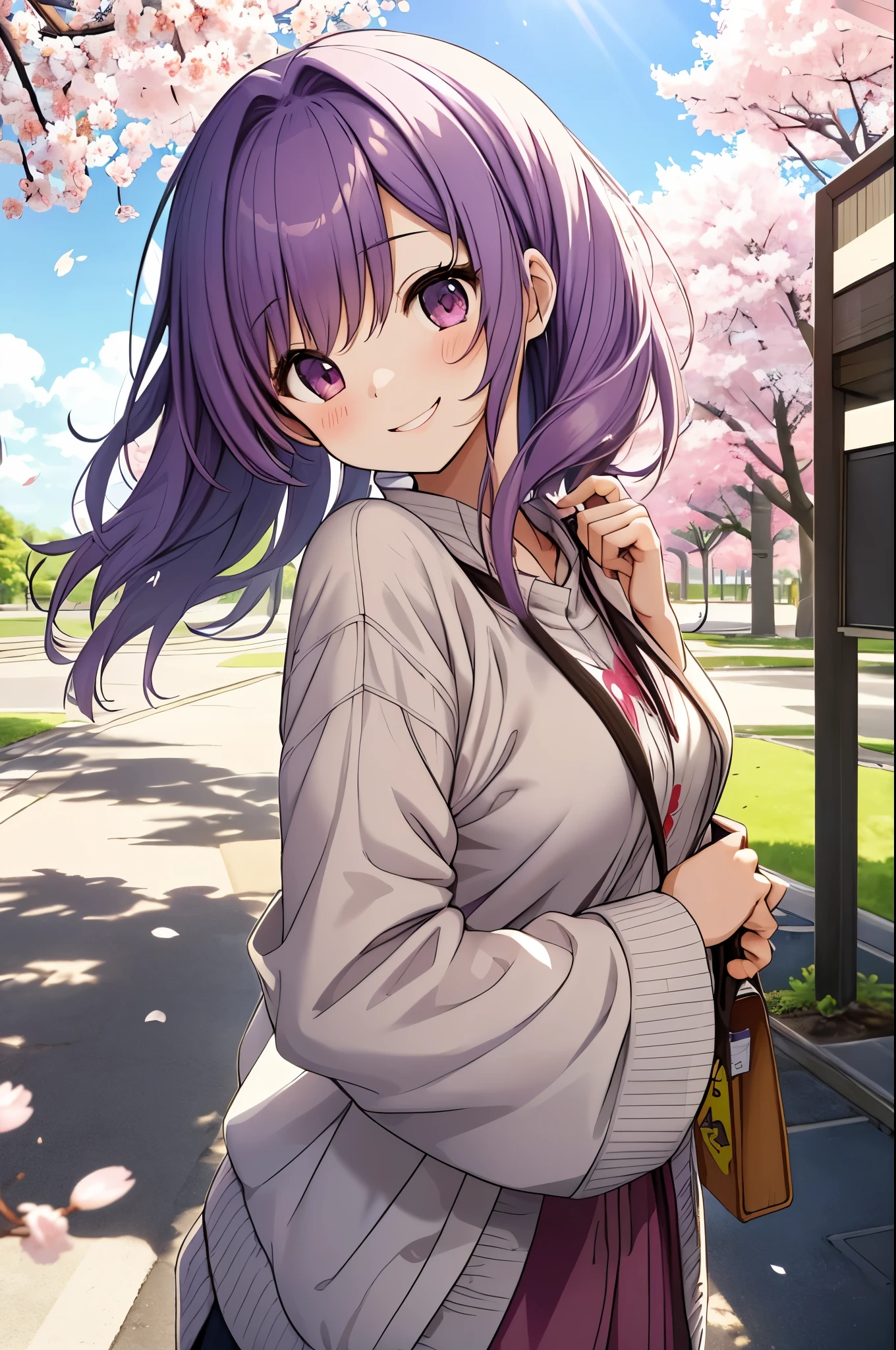 girl, on campus, cherry blossoms, simple canvas style painting style), (Bright and fresh color matching), (shy smile, natural behind the handle), (mid spring, 通りの両側には見事なcherry blossoms並木が) (beautiful blue sky and white clouds, soft and colorful, sunlight), simple background,purple hair