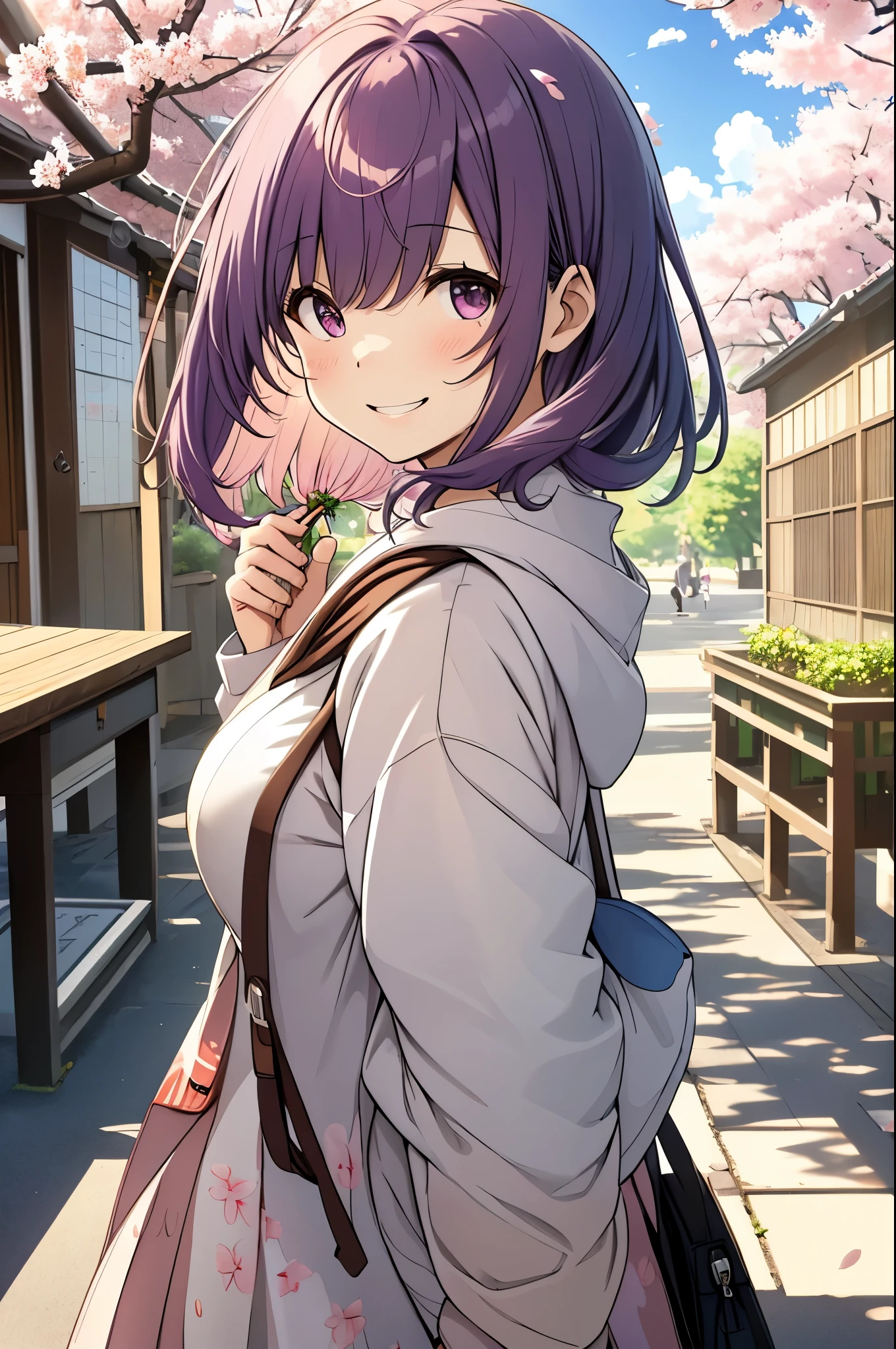 girl, on campus, cherry blossoms, simple canvas style painting style), (Bright and fresh color matching), (shy smile, natural behind the handle), (mid spring, 通りの両側には見事なcherry blossoms並木が) (beautiful blue sky and white clouds, soft and colorful, sunlight), simple background,purple hair