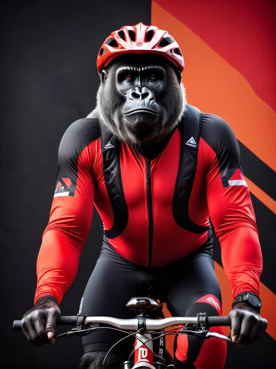 portrait of an Alpha Male Silverback Gorilla wearing a red Lycra Enduro Racing Mountain Bike Jersey, a fancy Enduro MTB race Goggle, and helmet highly detailed, evocative, high contrast, red and black color blocks as the background