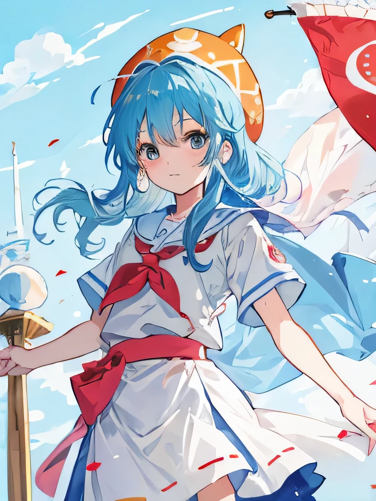 Anime girl with a flag and a hat on her head, reminiscent of Umaru-chan from the beloved manga and anime series "Hiroyuki", is depicted in this stunning Holo-style illustration. The anime visual of a cute girl, Marin Kitagawa, is masterfully brought to life by the renowned studio Kyoani, making this fanart a must-see for any anime enthusiast.

Asuna Yuuki, an iconic anime character, is seen in this enchanting scene, holding a pristine white flag up high. The artistic brilliance of the illustration, created by the talented hand of (( ( Yoshinari Yoh ) )) and popularized