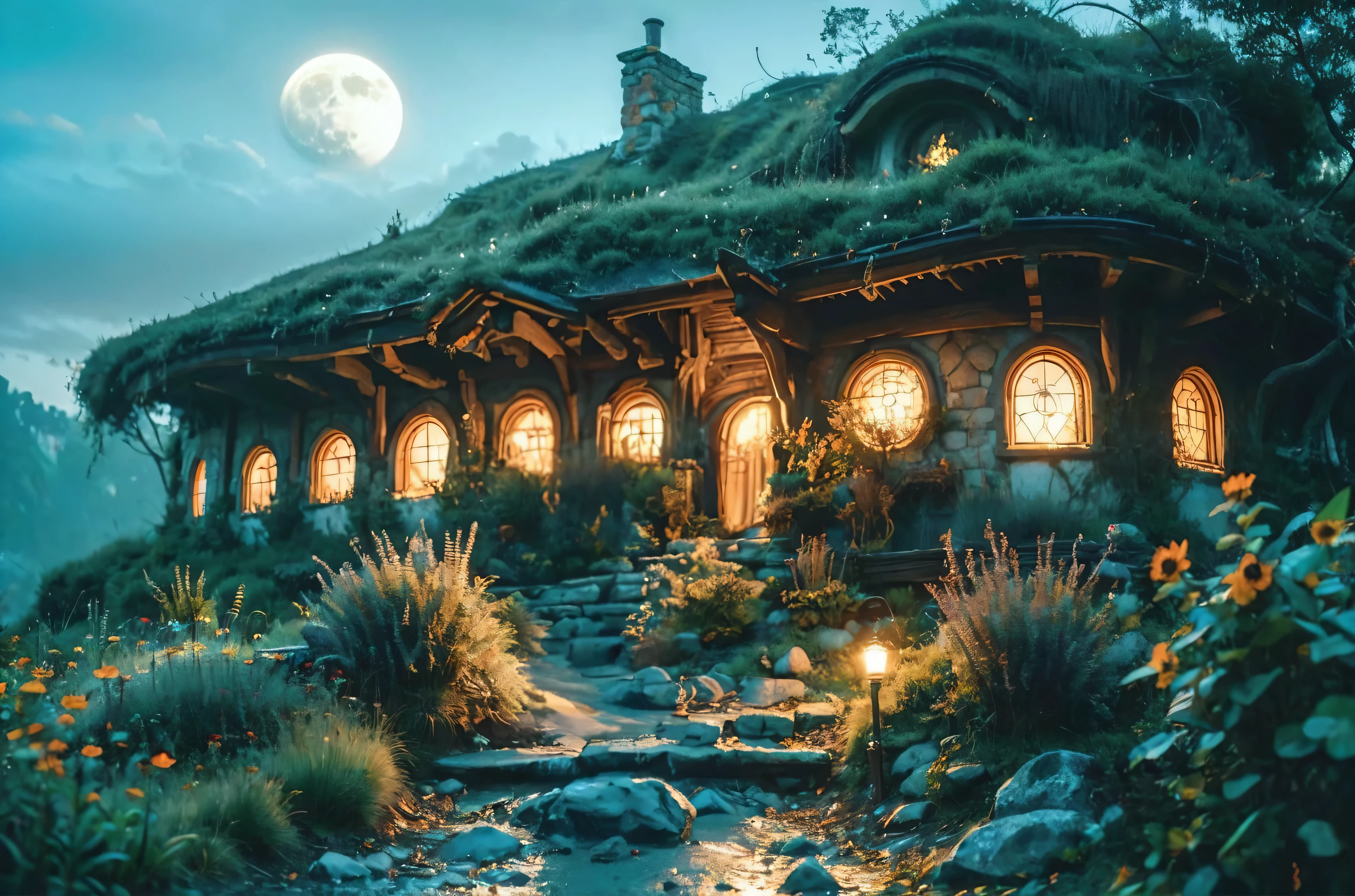 arafed house with a green roof and a stream running through it, lord of the rings aesthetic, fantasy house, magical environment, in his hobbit home, enchanting and otherworldly, elrond's house, fantasy setting, epic rivendell fantasy, elven architecture, middle earth, inspired lord of the rings, lord of the rings style, hobbiton at night
