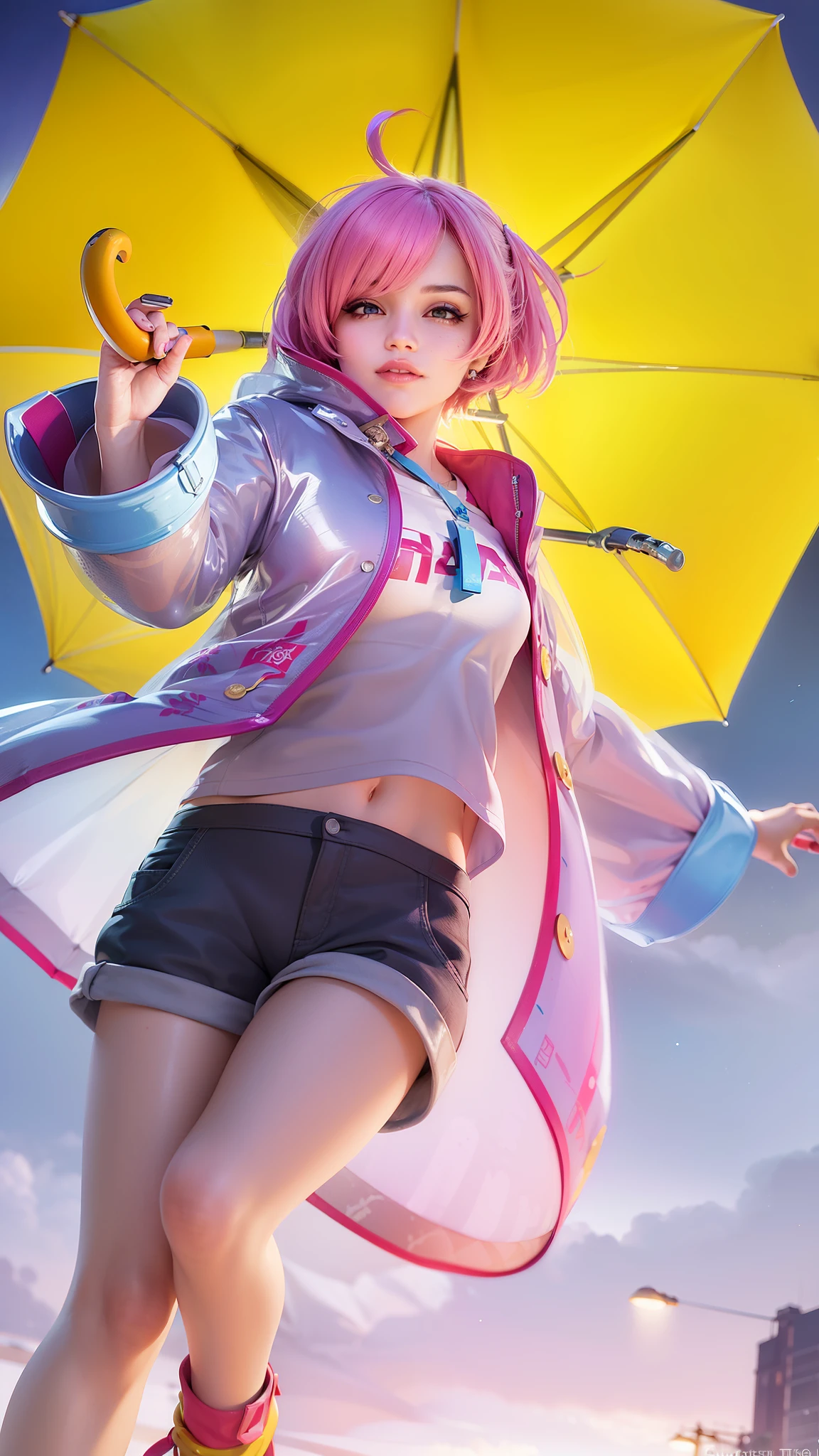 girl with pink hair holding a umbrella, red lips glossy, 8k, ultra hd, ultra detailed texture, hyper realistic, masterpiece, detailed texture, detailed face, detailed skin, detailed lighting, (photorealistic:1.5), best quality, beautiful lighting, cinematic lighting, professional lighting, ultra highres, realistic, detailed hair, real hair, high quality, (realskin:1.5), extremely detailed, finely detail, ultra-detailed, smile, red eyes.