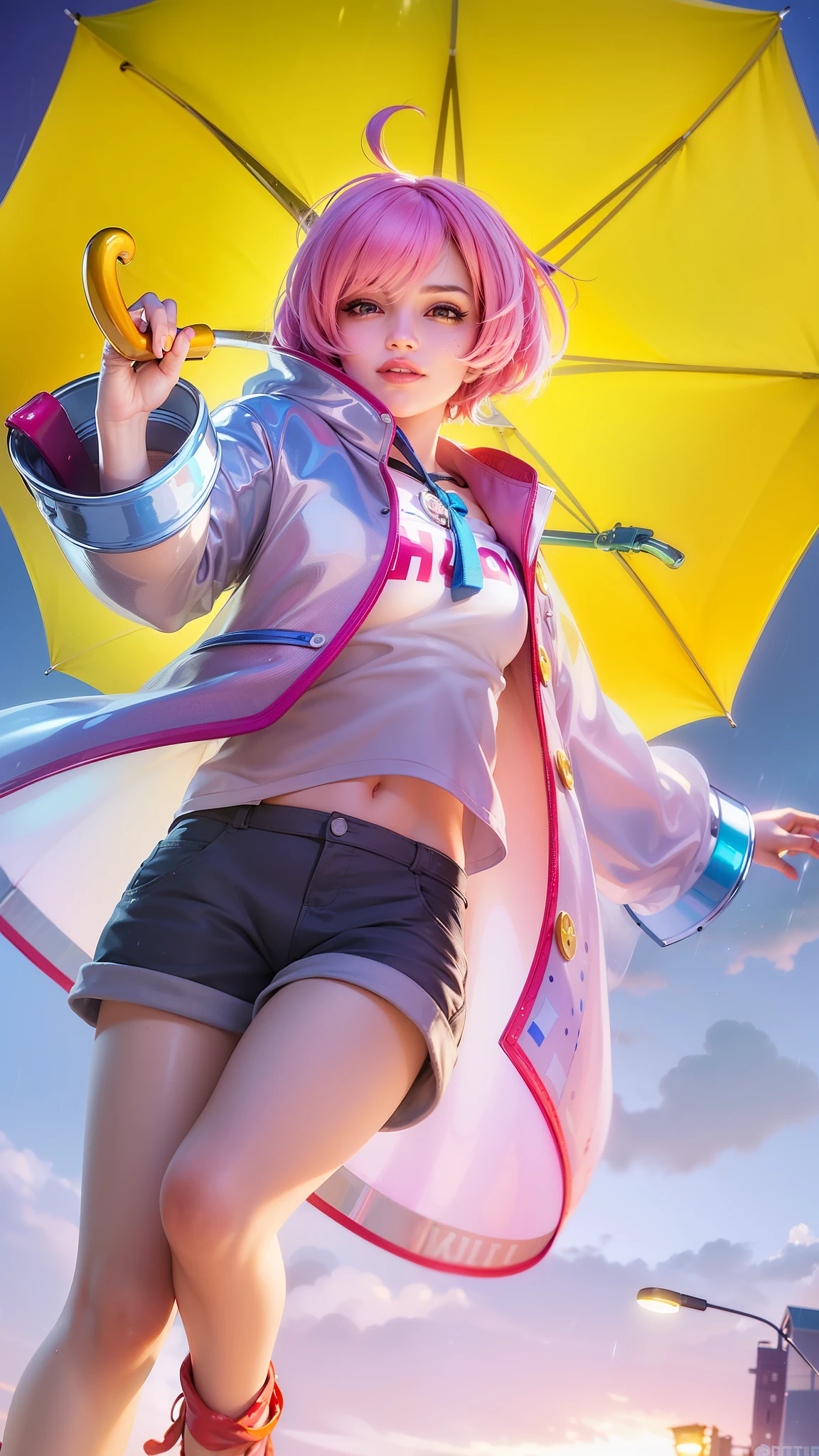 girl with pink hair holding a umbrella, red lips glossy, 8k, ultra hd, ultra detailed texture, hyper realistic, masterpiece, detailed texture, detailed face, detailed skin, detailed lighting, (photorealistic:1.5), best quality, beautiful lighting, cinematic lighting, professional lighting, ultra highres, realistic, detailed hair, real hair, high quality, (realskin:1.5), extremely detailed, finely detail, ultra-detailed, smile, red eyes.