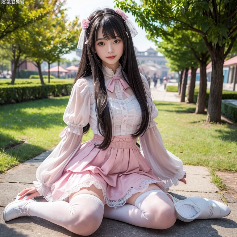 best quality, masterpiece, lifelike, 1 girl, alone, eternal, black hair, Long curly hair, blunt bangs, Smile, pink skirt, pink lolita dress, layered skirt, Lolita style long skirt,分層連衣裙 lace-trimmed 裙子, decorate, lace, long sleeve, puff sleeves, wide sleeves, Transparent sleeves, hair accessories, 在flower园里, flower, Detailed background,  delicate face，pink blush，White knee-length socks, Pink shoes，cold，Lots of lace，((​masterpiece))、(top quality)、8K、high detail、super detailed、 21 years old female，穿着pink lolita dress((dreamy atmosphere:1.1))、Seductive and whimsical style、​masterpiece、born、Scenes resembling fairy tale illustrations、Intricate details showcase the ruffles and intricate designs of the Lolita dress、beautifully、magic、capricious、 beautifully、Dream aesthetics、「𝓡𝓸𝓶𝓪𝓷𝓽𝓲𝓬、ethereal、charming、fickle、magic」、realism、Visual effects、FXAA、SSAO、shader、voiceless、environmental lighting、Tone mapping、High resolution、ultra high definition、megapixel、(8K resolution:1.10)、8K、Below 8K、8K resolution、high detail、intricate details、A look of surprise and awe on her face、 (high quality:1.2、​masterpiece:1.2、:1.21)、(21 years old female:1.21)、(興奮地Smile)、(Surrounded by the dreamy atmosphere of an amusement par色洛丽塔连衣裙、Her eyes were full of surprise and joy、I took a lot of geek photos、、High heel、Model diagram，full-body shot，Knee-high 白色的 lace socks,Sweet Lolita，Normal 2 feet，Pink shoes，Baotou shoes，full-body shot，baby star dress，have，Don't show your fingers，cold，Emphasize the volume of the skirt，exposed，Huge breasts，white underwear,The skirt flew up，Spread your legs，low cut，Expose panties