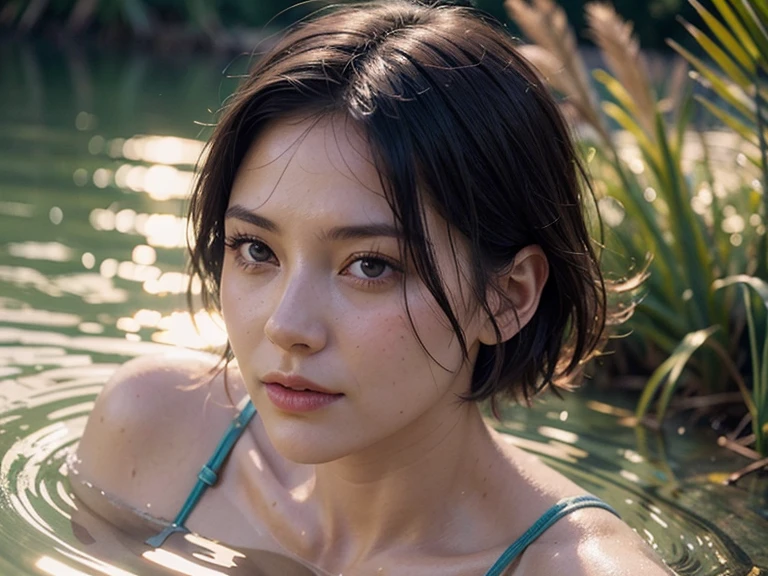 close up portrait of a cute woman (gldot) bathing in a river, reeds, (backlighting), realistic, masterpiece, highest quality, lens flare, shade, bloom, [[chromatic aberration]], by Jeremy Lipking, by Antonio J. Manzanedo, digital painting, short hair