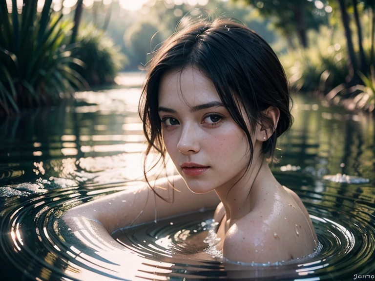 close up portrait of a cute woman (gldot) bathing in a river, reeds, (backlighting), realistic, masterpiece, highest quality, lens flare, shade, bloom, [[chromatic aberration]], by Jeremy Lipking, by Antonio J. Manzanedo, digital painting, short hair
