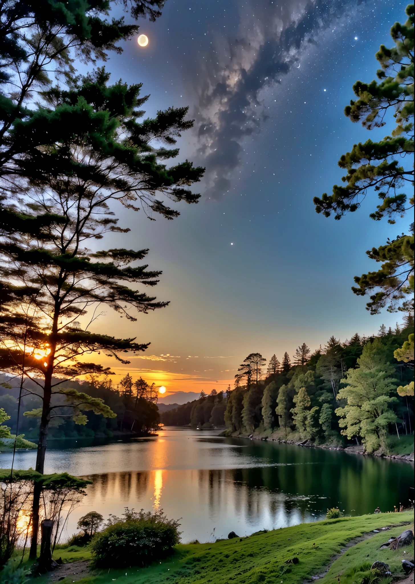 Landscape photo of a lake in a deep forest at night、A small moonlight is reflected on the water surface、There are thin cloudasterpiece、highest quality、Super detailed、official art、(((masterpiece))), (((highest quality))), ((intricate details)), ((surreal))