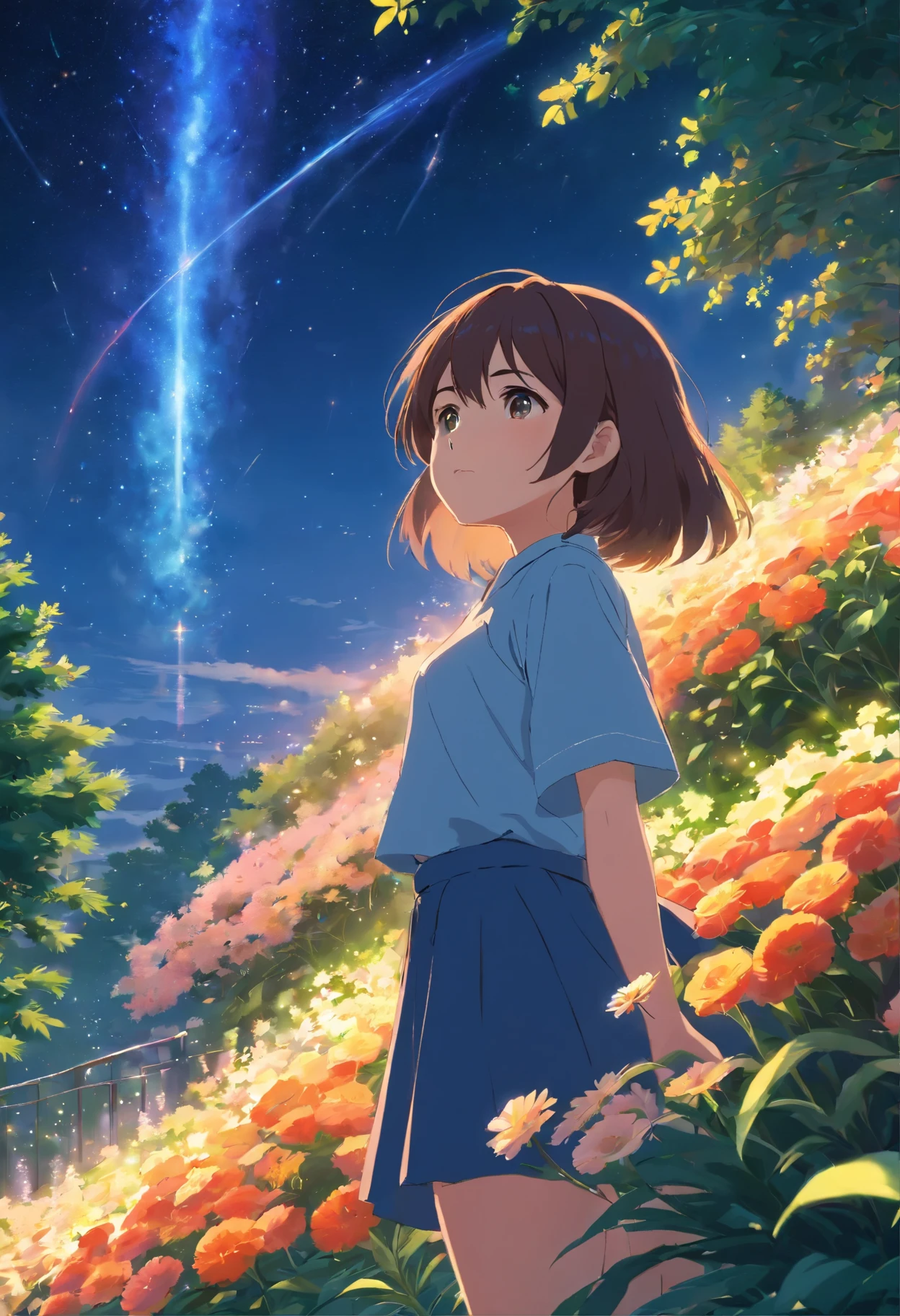 of the highest quality, high_resolution, Distinct_image, Detailed background, girl, flower, garden, Starry sky,、Huge chubby、Ultramammy、