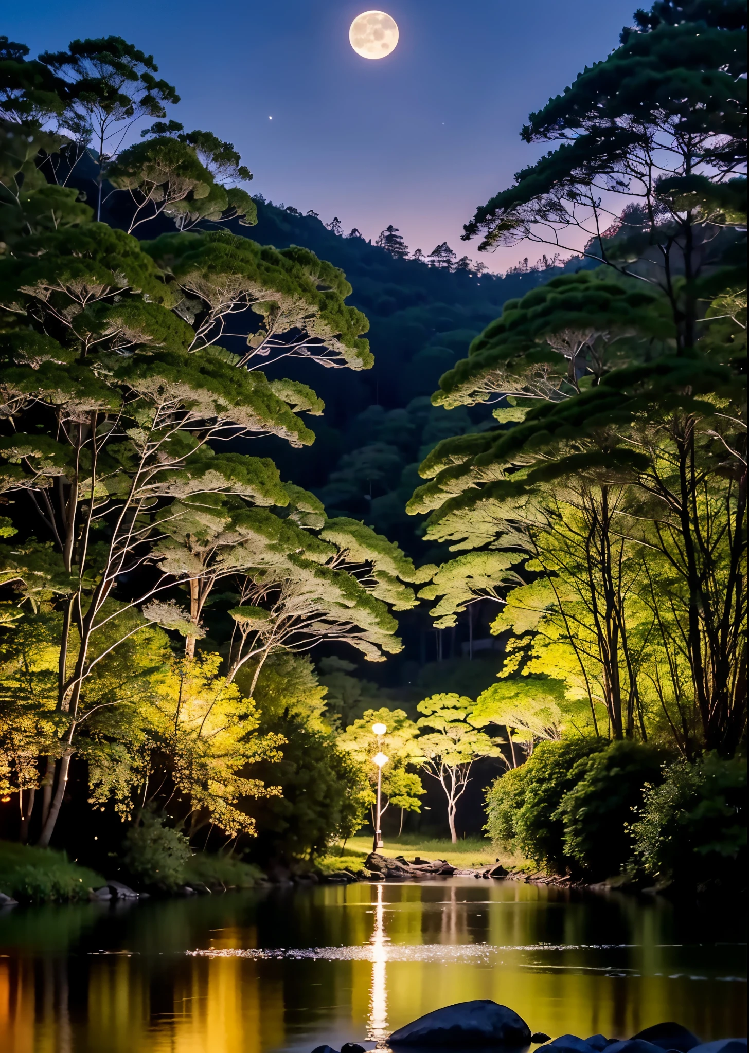 Landscape photo of a lake in a deep forest at night、A small moonlight is reflected on the water surface、There are thin cloudasterpiece、highest quality、Super detailed、official art、(((masterpiece))), (((highest quality))), ((intricate details)), ((surreal))