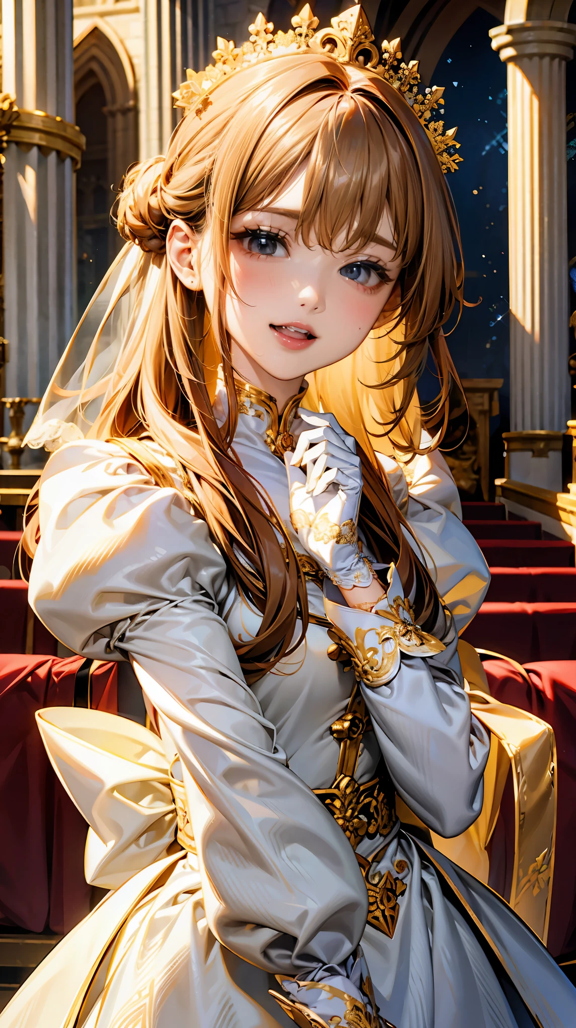 In front of the altar of a majestic church、（blurred background）、brighter light、golden long hair girl、classic white wedding dress、（elegant luster）、（lots of races）、lots of ribbons、((voluminous puff sleeves))、long cuffs with many buttons、golden embroidery、long train、White embroidered gloves、five fingers、laughter、redness of cheeks