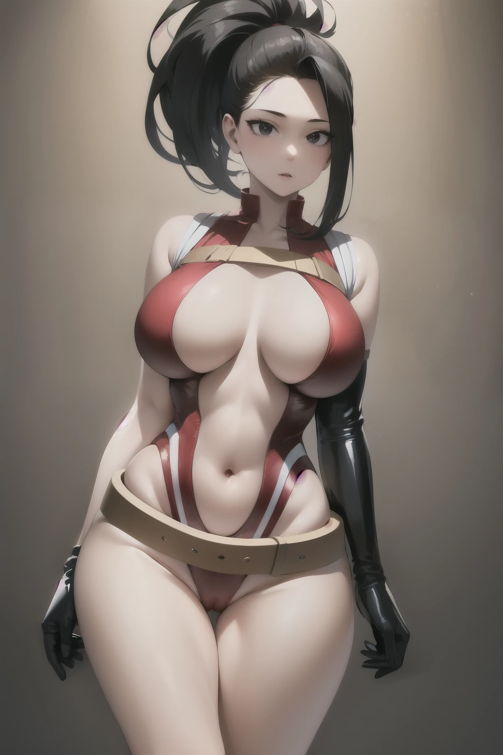 (best quality:1.2), 1girl, (masterpiece:1.2), raytracing, cute face, perfect face, ultra detailed,detailed face, 8k wallpaper,(wide hips:1.2), absurd res, YaoyorozuMomo_NDV, 1girl, black eyes, black hair, large breasts, long hair, ponytail, high ponytail, belt, (red leotard:1.2), deep cleavage, gloves,  outdoor, bare legs