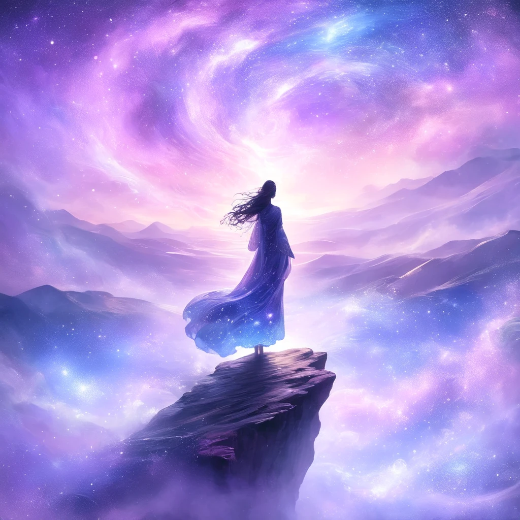 A figure stands on a cliff, enveloped in swirling streams of cosmic energy, amidst a dreamy, nebulous landscape. The silhouette of the person is wrapped in a flowing, ethereal gown that merges with the celestial currents. The sky is a tapestry of deep purples and blues, sprinkled with stars, and the landscape below is hinted at with soft, rolling mountains. The scene is one of tranquility and the sublime, capturing the majestic essence of the cosmos with a single, contemplative figure standing in awe.