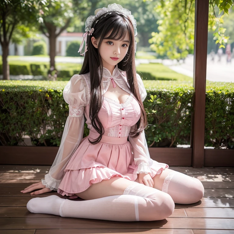 best quality, masterpiece, lifelike, 1 girl, alone, eternal, black hair, Long curly hair, blunt bangs, Smile, pink skirt, pink lolita dress, layered skirt, Lolita style long skirt,分層連衣裙 lace-trimmed 裙子, decorate, lace, long sleeve, puff sleeves, wide sleeves, Transparent sleeves, hair accessories, 在flower园里, flower, Detailed background,  delicate face，pink blush，White knee-length socks, Pink shoes，cold，Lots of lace，((​masterpiece))、(top quality)、8K、high detail、super detailed、 21 years old female，穿着pink lolita dress((dreamy atmosphere:1.1))、Seductive and whimsical style、​masterpiece、born、Scenes resembling fairy tale illustrations、Intricate details showcase the ruffles and intricate designs of the Lolita dress、beautifully、magic、capricious、 beautifully、Dream aesthetics、「𝓡𝓸𝓶𝓪𝓷𝓽𝓲𝓬、ethereal、charming、fickle、magic」、realism、Visual effects、FXAA、SSAO、shader、voiceless、environmental lighting、Tone mapping、High resolution、ultra high definition、megapixel、(8K resolution:1.10)、8K、Below 8K、8K resolution、high detail、intricate details、A look of surprise and awe on her face、 (high quality:1.2、​masterpiece:1.2、:1.21)、(21 years old female:1.21)、(興奮地Smile)、(Surrounded by the dreamy atmosphere of an amusement par色洛丽塔连衣裙、Her eyes were full of surprise and joy、I took a lot of geek photos、、High heel、Model diagram，full-body shot，Knee-high 白色的 lace socks,Sweet Lolita，Normal 2 feet，Pink shoes，Baotou shoes，full-body shot，baby star dress，have，Don't show your fingers，cold，Emphasize the volume of the skirt，exposed，Huge breasts，white underwear,The skirt flew up，Spread your legs，low cut，Expose panties