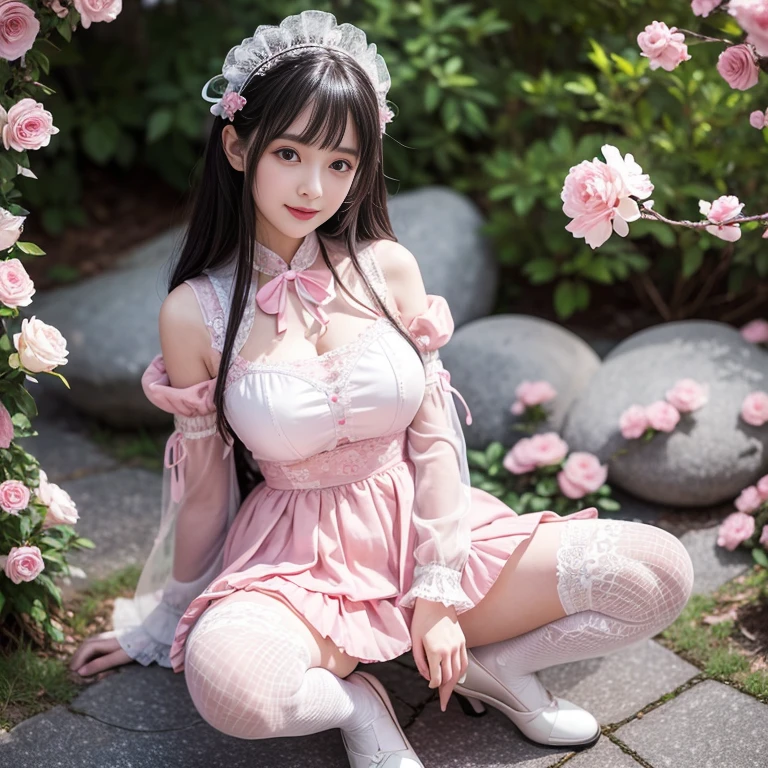 best quality, masterpiece, lifelike, 1 girl, alone, eternal, black hair, Long curly hair, blunt bangs, Smile, pink skirt, pink ta dress, layered skirt, Lolityle long skirt,分層連衣裙 lace-trimmed 裙子, decorate, lace, long sleeve, puff sleeves, wide sleeves, Transparent sleeves, hair accessories, 在flower园里, flower, Detailed background, delicate face,pink blush,White knee-length socks, Pink shoes,cold,Lots of lace,((masterpiece))、(top quality)、8K、high detail、super detailed、 21 years old female,穿着pink lolita d((dreamy atmosphere:1.1))、Seductive and whimsical style、masterpiece、born、Scenes resembling fairy tale illustrations、Intricate details showcase the ruffles and intricate designs of the Lolita dressutifully、magic、capricious、 beautifully、Dream aesthetics、「𝓡𝓸𝓶𝓪𝓷𝓽𝓲𝓬、ethereal、charming、fickle、magic」、realism、Visual effects、FXAA、SSAO、shader、voiceless、environmental lighting、Tone mapping、High resolution、ultra high definition、megapixel、(8K resolution:1.10)、8K、Below 8K、8K resolution、high detail、intricate details、A look of surprise and awe on her face、 (high quality:1.2、masterpiece:1.2、:1.21)、(21 years old female:1.21)、(興奮地Smile)、(Surrounded by the dreamy atmosphere of an amusement par色洛丽塔连衣裙、Her eyes were full of surprise and joy、I took a lot of geek photos、、High heel、Model diagram,full-body shot,Knee-high 白色的 lace socks,Sweet Lolita,Normal 2 ,Pink shoes,Baotou shoes,full-body shot,baby star dress,have,Don't show your fingers,cold,Emphasize the volume of the skirt,exposed,Huge breasts,white underwear,The skirt flew up,Spread your legs,low cut,Expose panties