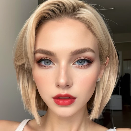 Beautiful white girl with red lips looks to the camera. Stunning blonda girl. Closeup face of young beautiful woman with a healthy clean skin. Pretty woman with bright makeup of eyes.