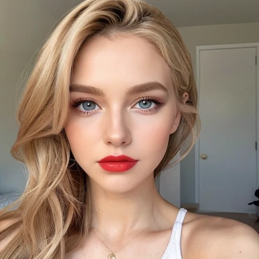Beautiful white girl with red lips looks to the camera. Stunning blonda girl. Closeup face of young beautiful woman with a healthy clean skin. Pretty woman with bright makeup of eyes.