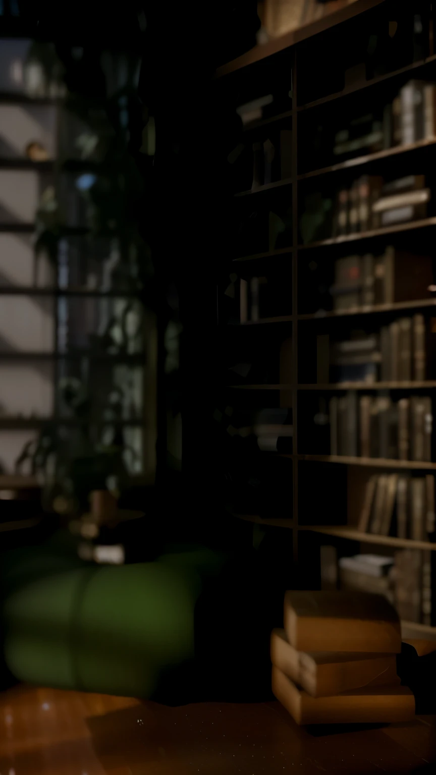 There is a cat sitting on a chair in the room, alchemist library background, library background, tilt shift library background, blurry background of the library, library interior background, gloomy library, dusty library, personal room background, magical library bokeh, in a gloomy library, some background blur, Realistic cinematic rendering, dark library, Detailed architectural visualization renderings, background = library
