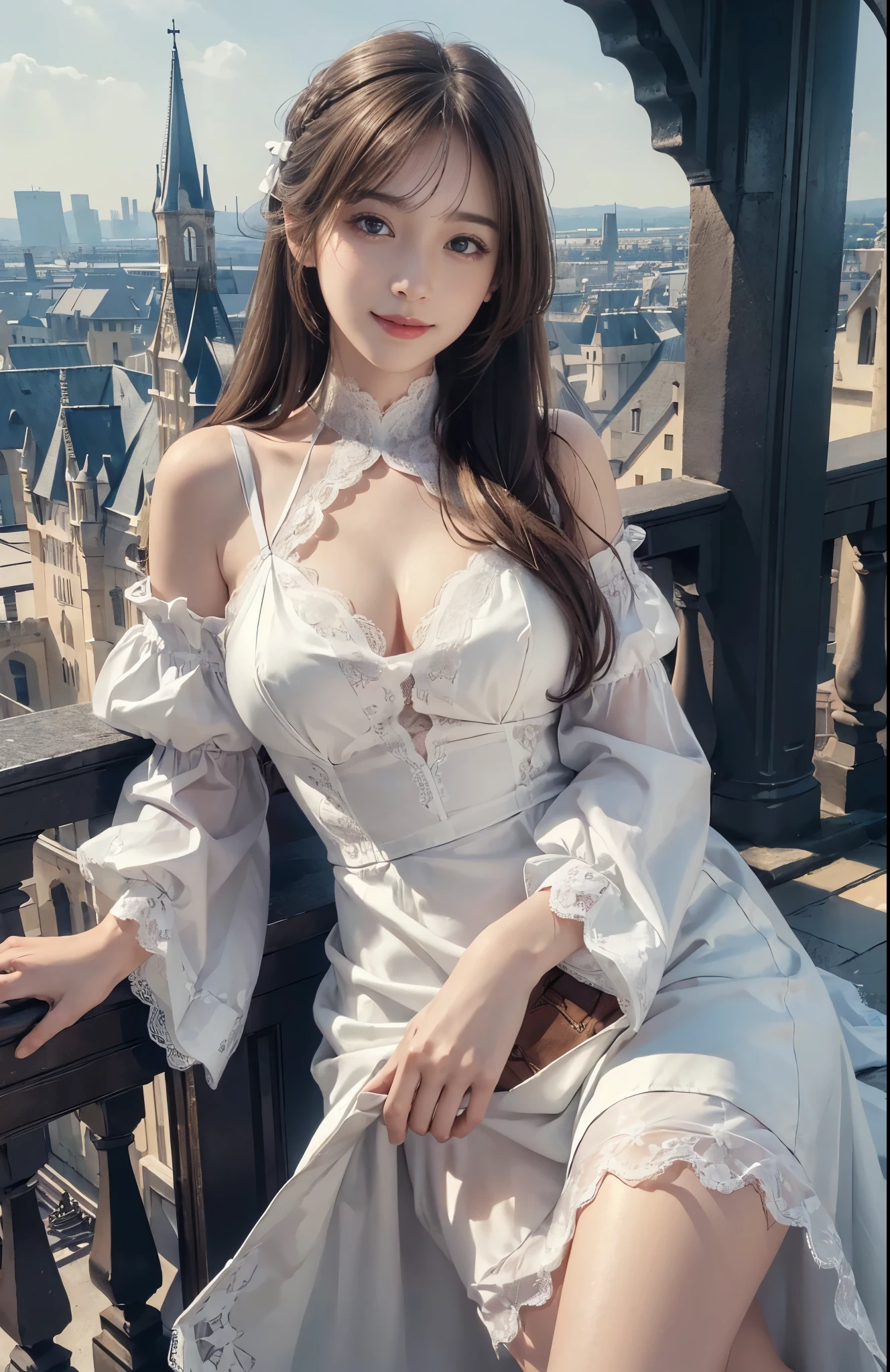 (ultra-realistic realism)、(illustration)、(A high resolution)、(8K)、(Best Illustration)、(Beautifully detailed eyes)、(top-quality)、(ultra - detailed)、(masterpiece)、(the wallpaper)、(A detailed face)、solo、looking at viewert、A detailed face、pureerosfaceace_V1、A smile、 long hair、slender body、plump breasts、46-point diagonal bangs、((White dress))、((Beautiful woman standing on the balcony of the castle))