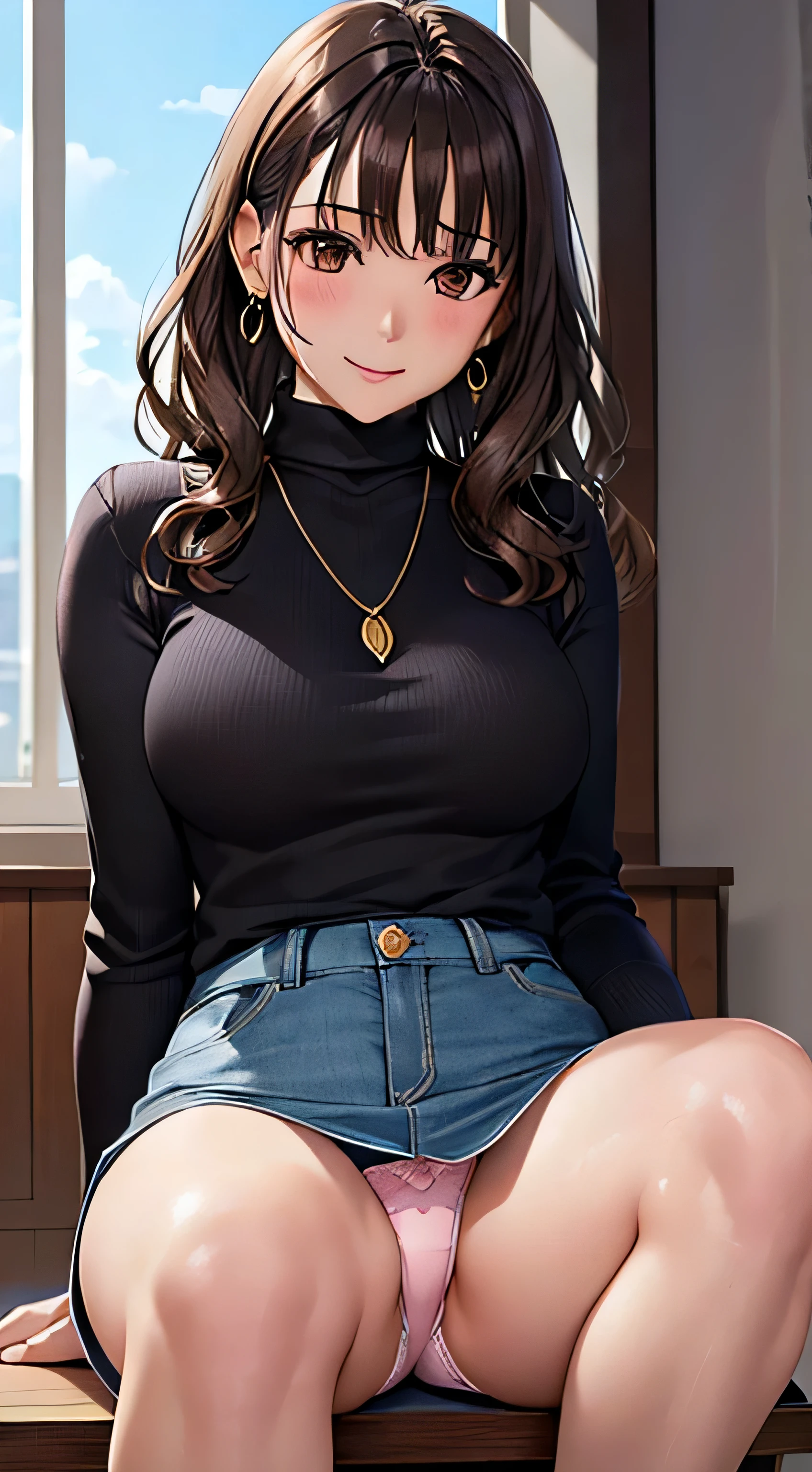 (table top, highest quality, High resolution, , perfect pixel, 4k,), 1 girl, single, alone, Beautiful woman、I could see the whole body、 ((wavy mid-length hair, bangs, brown hair)), ((brown eyes, beautiful eyelashes, realistic eyes)), ((detailed face, blush:1.2)), ((smooth texture:0.75, realistic texture:0.65, realistic:1.1, Anime CG style)), medium breasts, dynamic angle, perfect body, ((, female teacher, , earrings、necklace、turtleneck sweater、、black knee high stockings、((open both legs wide、open both knees))、Tight denim skirt、shy smile、Sitting at the pulpit、emphasize the chest、、)), 、、、evening、、(You can see her pink and white lace panties、、(、)、)、