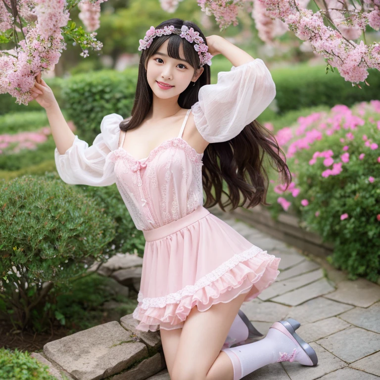 best quality, masterpiece, lifelike, 1 girl, alone, eternal, black hair, Long curly hair, blunt bangs, Smile, pink skirt, pink ta dress, layered skirt, Lolityle long skirt,分層連衣裙 lace-trimmed 裙子, decorate, lace, long sleeve, puff sleeves, wide sleeves, Transparent sleeves, hair accessories, 在flower园里, flower, Detailed background, delicate face,pink blush,White knee-length socks, Pink shoes,cold,Lots of lace,((masterpiece))、(top quality)、8K、high detail、super detailed、 21 years old female,穿着pink lolita d((dreamy atmosphere:1.1))、Seductive and whimsical style、masterpiece、born、Scenes resembling fairy tale illustrations、Intricate details showcase the ruffles and intricate designs of the Lolita dressutifully、magic、capricious、 beautifully、Dream aesthetics、「𝓡𝓸𝓶𝓪𝓷𝓽𝓲𝓬、ethereal、charming、fickle、magic」、realism、Visual effects、FXAA、SSAO、shader、voiceless、environmental lighting、Tone mapping、High resolution、ultra high definition、megapixel、(8K resolution:1.10)、8K、Below 8K、8K resolution、high detail、intricate details、A look of surprise and awe on her face、 (high quality:1.2、masterpiece:1.2、:1.21)、(21 years old female:1.21)、(興奮地Smile)、(Surrounded by the dreamy atmosphere of an amusement par色洛丽塔连衣裙、Her eyes were full of surprise and joy、I took a lot of geek photos、、High heel、Model diagram,full-body shot,Knee-high 白色的 lace socks,Sweet Lolita,Normal 2 ,Pink shoes,Baotou shoes,full-body shot,baby star dress,have,Don't show your fingers,cold,Emphasize the volume of the skirt,exposed,Huge breasts,white underwear,The skirt flew up,Spread your legs,low cut,Expose panties