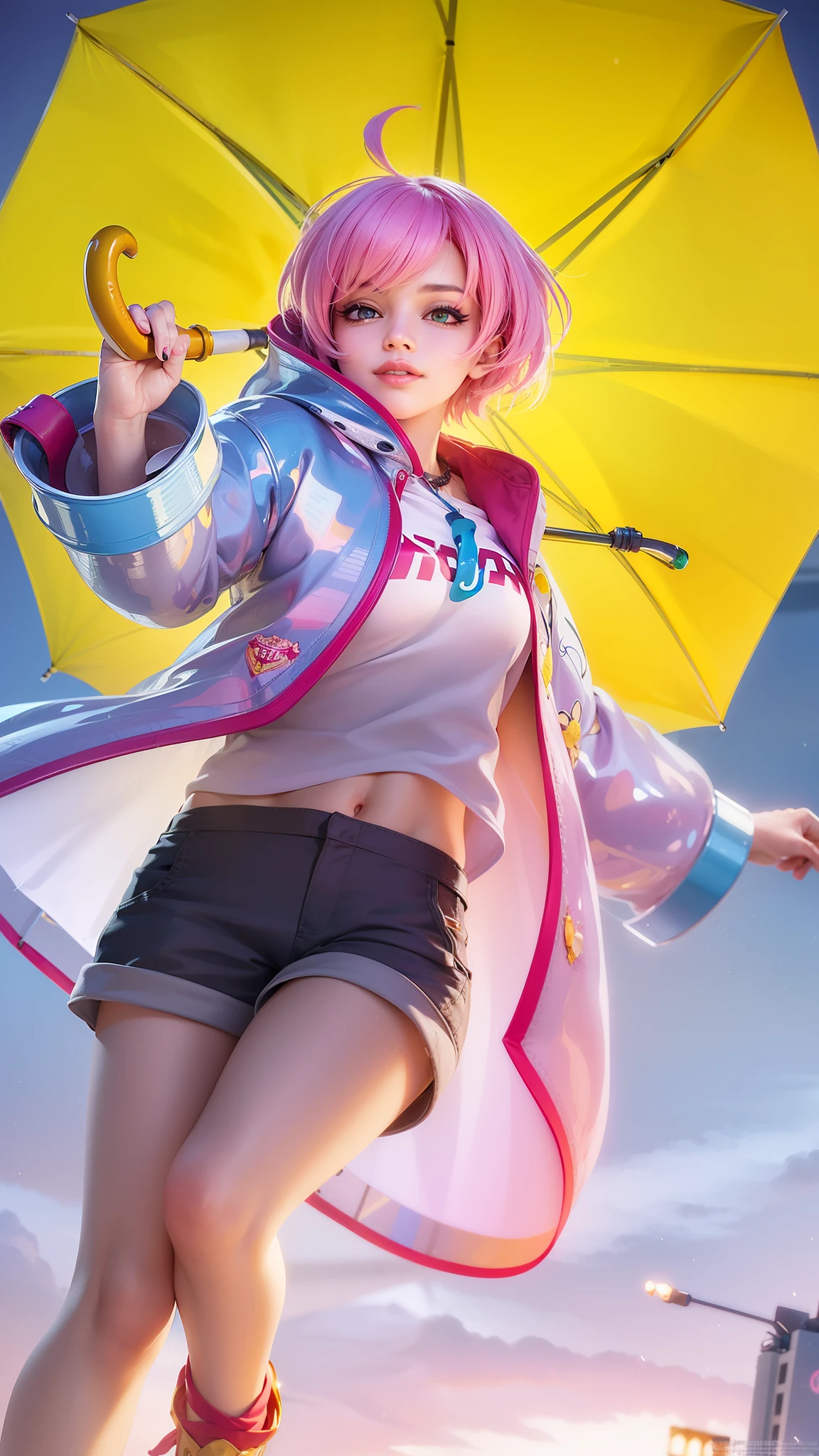 girl with pink hair holding a umbrella, red lips glossy, 8k, ultra hd, ultra detailed texture, hyper realistic, masterpiece, detailed texture, detailed face, detailed skin, detailed lighting, (photorealistic:1.5), best quality, beautiful lighting, cinematic lighting, professional lighting, ultra highres, realistic, detailed hair, real hair, high quality, (realskin:1.5), extremely detailed, finely detail, ultra-detailed, smile, red eyes.