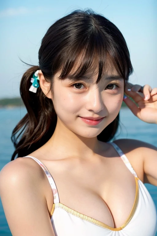 ((highest quality)), ((masterpiece)), (be familiar with), perfect face、cute japanese woman　swimsuit