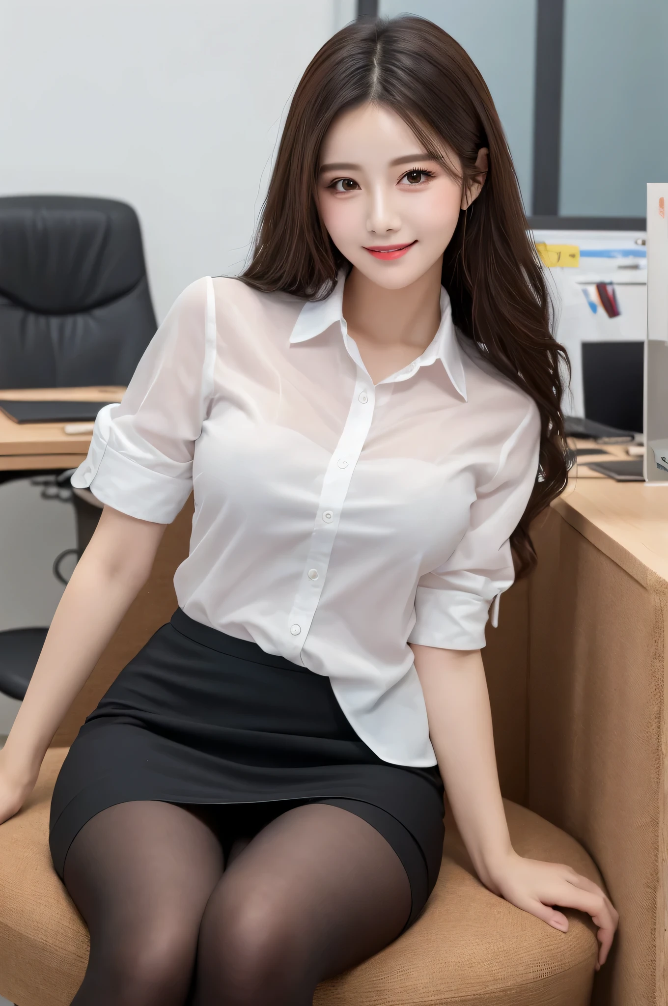（8K、highest quality、highest quality、masterpiece、ultra high resolution、big 、carefully crafted face、beautiful fingers、beautiful hands、skin texture），whole body、idol sculpture、((long hair))、alone、beautiful double eyelids、smile、white cutter shirt、Black Pencil Skirt、pantyhose、office、(woman)、OL、work、