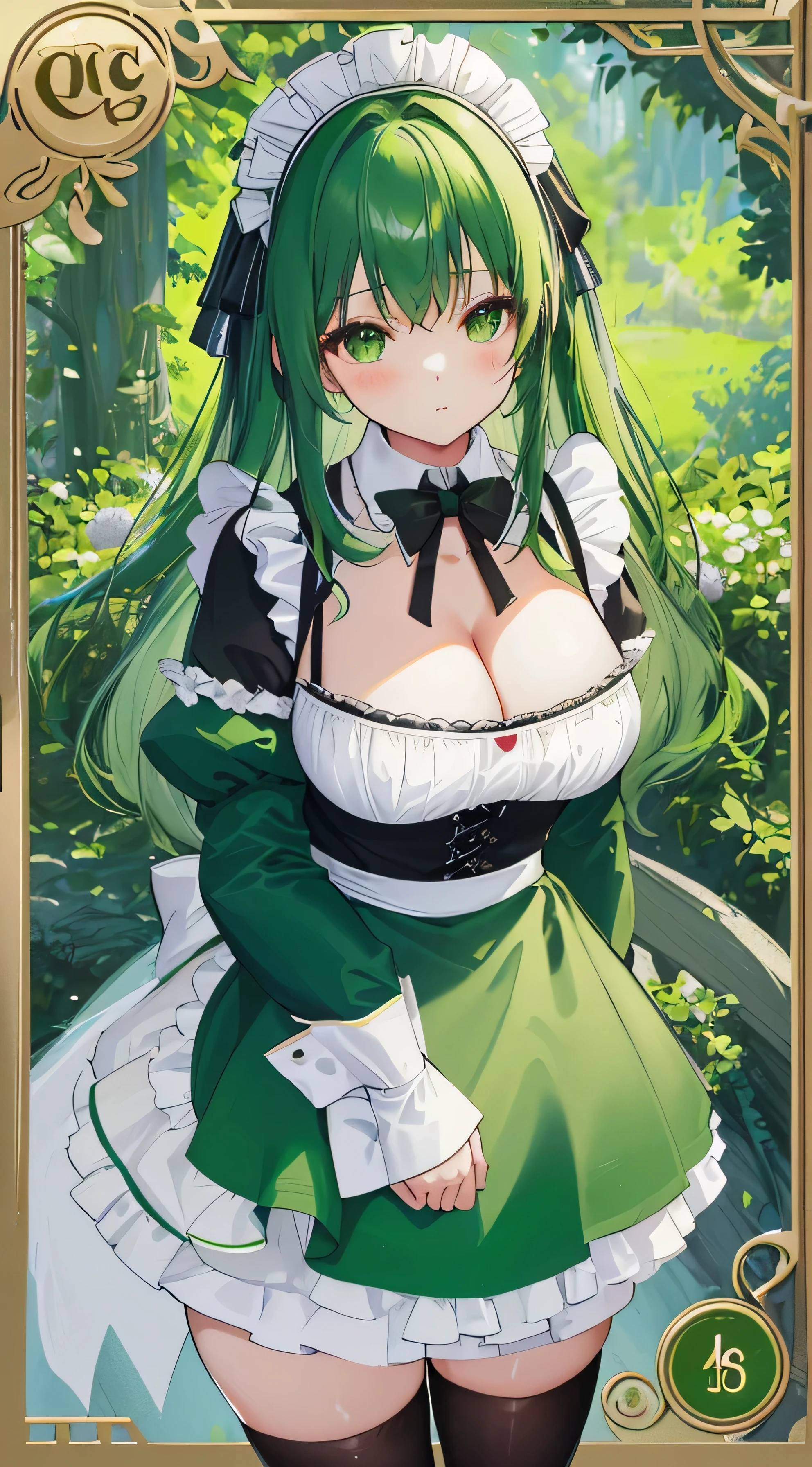 high color saturation、masterpiece、highest quality、High resolution、very delicate and beautiful、beautiful breasts、woman1people、((woman1people、solid color background、hair length、green hair、thick legal clothing、mini skirt、maid Cafe))、Huge 、off shoulder、cleavage、bbw、knee socks