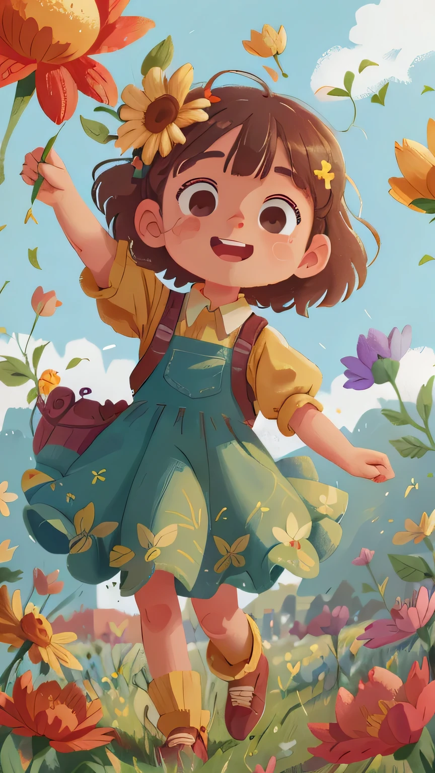 A girl holding flowers, colorful balloons floating in the sky, meadow, dancing, holding flowers, happy, happy, perfect quality, clear focus (clutter-home: 0.8), (masterpiece: 1.2) (Realistic: 1.2) (Bokeh) (Best quality) (Detailed skin: 1.3) (Intricate details) (8K) (Detail Eyes) (Sharp Focus), (Happy), no backgrounds
