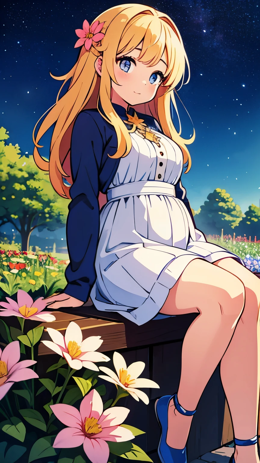 of the highest quality, high_resolution, Distinct_image, Detailed background, girl, flower, garden, Starry sky,、Huge chubby、Ultramammy、
