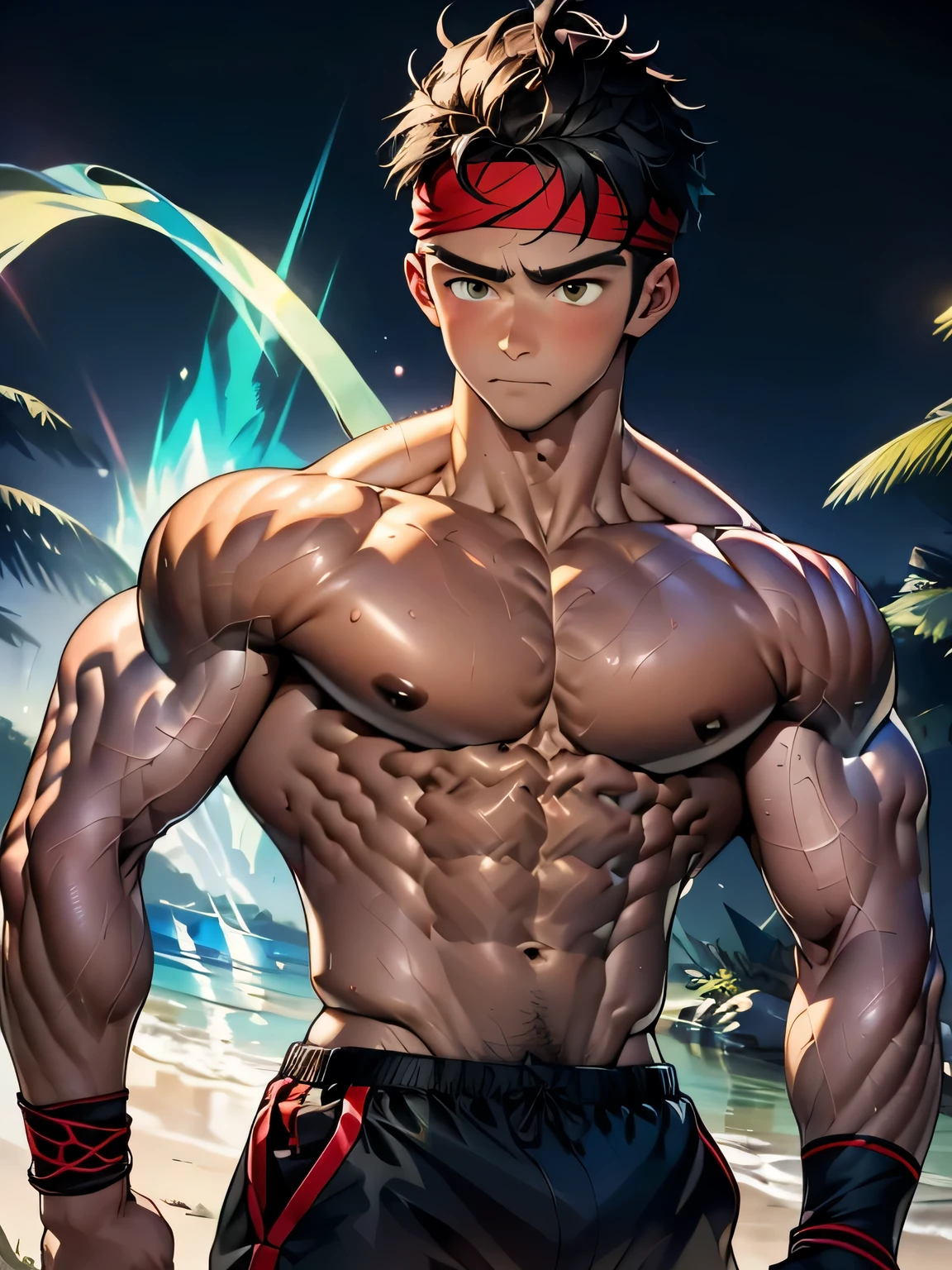 (Masterpiece, Best quality 19 year old boy, simple background, cowboy shot), solo, Young, boy, muscler, Shirtless, topless, (Dark Short straight hair, under cut, brown eyes), (red headband, ((black wristband))), Vivid colors, (hot Abs:1.2, abs!, big abs, big breast:1.2, chest!, muscler upper arms), (topless male), closed mouth, serious, muscler!, muscler body, Man with martial arts stance, (aura power:1.4), detailed face, detailed muscle, (((A magical turquoise mystical aura graces his upper body, random pose)))