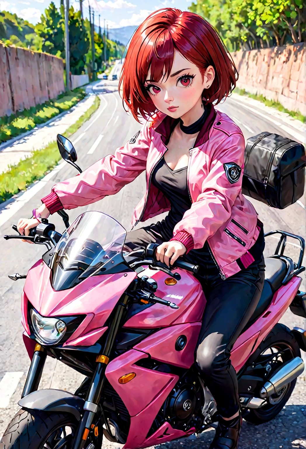 hay una mujer en una moto rojo, with short red hair and dark brown eyes, He is on a road and has a pink jacket., a black pants   