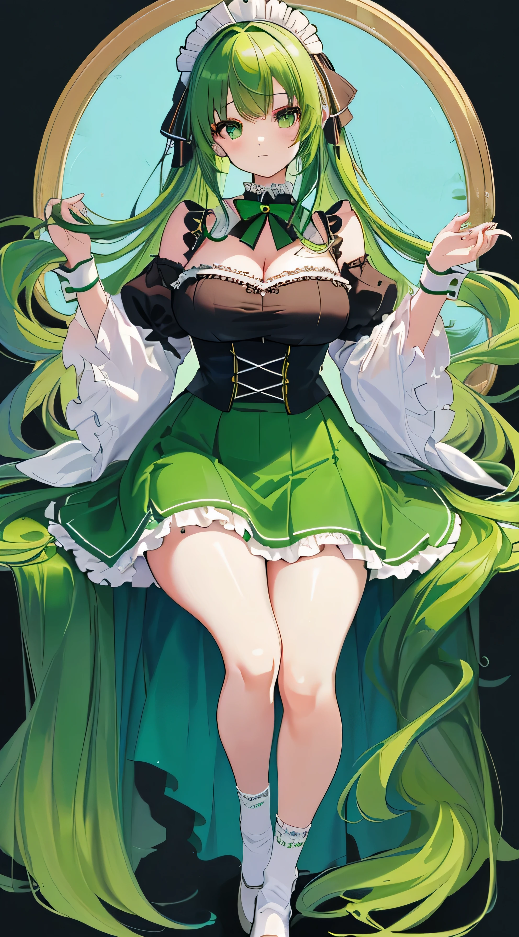 high color saturation、masterpiece、highest quality、High resolution、very delicate and beautiful、beautiful breasts、woman１people、((woman１people、solid color background、hair length、green hair、thick legal clothing、mini skirt、maid Cafe))、Huge 、off shoulder、cleavage、bbw、knee socks