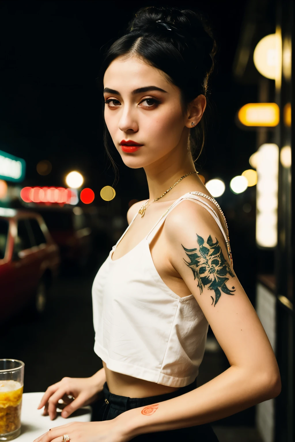 ((Best quality)), ((masterpiece)), (detailed), perfect face, upper body shot, girl, makeup, small tattoos, hair bun, casual clothes, outside of a diner, neon signs, dim lighting, night time, professional photograph, (bella kotak style of photography, paolo roversi style, tim walker)