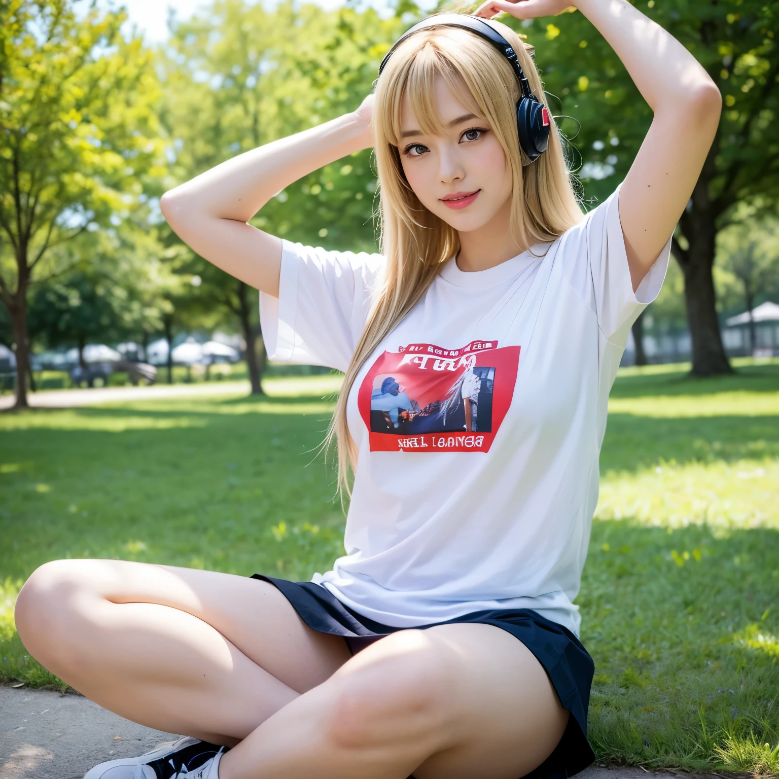 nsfw, highest quality, masterpiece, 8K, ultra high resolution, (realistic: 1.4), 1 girl, beautiful face, symmetrical eyes, big, perfect body proportions, Kissing face for the camera、((Soryu Asuka Langley,interface headset,T-shirt and skirt:1.4,blonde)), ((sit and stretch your legs in the park、blurry)) 、Panties are fully visible、Front view, Absolute area (1.3),friendly smile、seems kind、cowboy shot