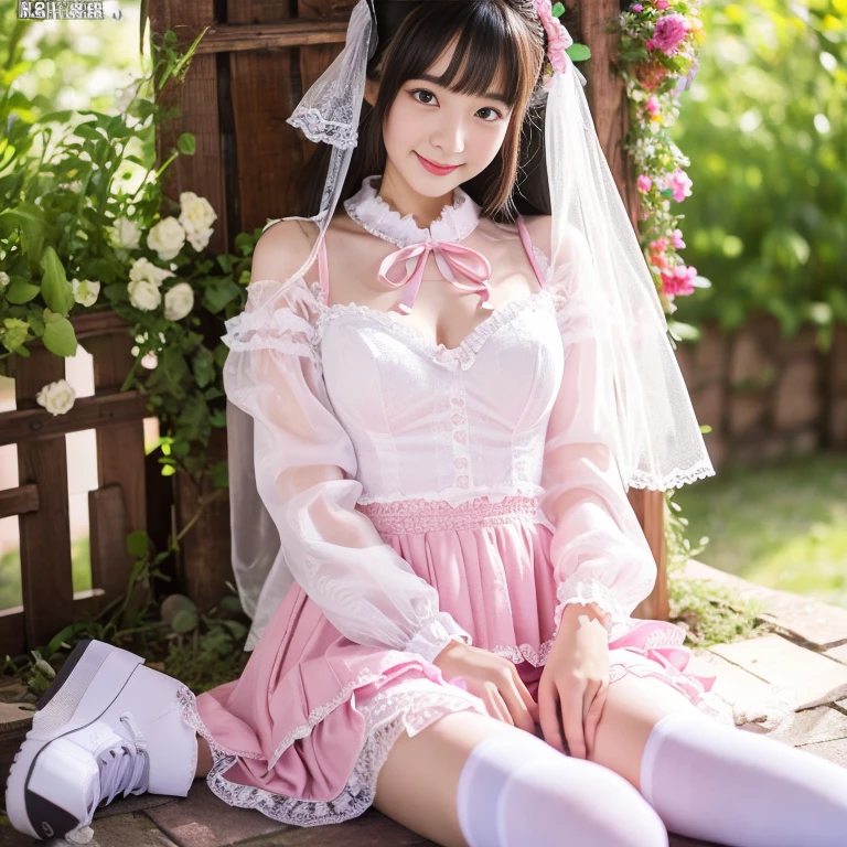 best quality, masterpiece, lifelike, 1 girl, alone, eternal, black hair, Long curly hair, blunt bangs, Smile, pink skirt, pink lolita dress, layered skirt, Lolita style long skirt,分層連衣裙 lace-trimmed 裙子, decorate, lace, long sleeve, puff sleeves, wide sleeves, Transparent sleeves, hair accessories, 在flower园里, flower, Detailed background, delicate face,pink blush,White knee-length socks, Pink shoes,cold,Lots of lace,((masterpiece))、(top quality)、8K、high detail、super detailed、 21 years old female,穿着pink lolita dress((dreamy atmosphere:1.1))、Seductive and whimsical style、masterpiece、born、Scenes resembling fairy tale illustrations、Intricate details showcase the ruffles and intricate designs of the Lolita dress、beautifully、magic、capricious、 beautifully、Dream aesthetics、「𝓡𝓸𝓶𝓪𝓷𝓽𝓲𝓬、ethereal、charming、fickle、magic」、realism、Visual effects、FXAA、SSAO、shader、voiceless、environmental lighting、Tone mapping、High resolution、ultra high definition、megapixel、(8K resolution:1.10)、8K、Below 8K、8K resolution、high detail、intricate details、A look of surprise and awe on her face、 (high quality:1.2、masterpiece:1.2、:1.21)、(21 years old female:1.21)、(興奮地Smile)、(Surrounded by the dreamy atmosphere of an amusement par色洛丽塔连衣裙、Her eyes were full of surprise and joy、I took a lot of geek photos、、High heel、Model diagram,full-body shot,Knee-high 白色的 lace socks,Sweet Lolita,Normal 2 feet,Pink shoes,Baotou shoes,full-body shot,baby star dress,have,Don't show your fingers,cold,Emphasize the volume of the skirt,exposed,Huge breasts,white underwear,The skirt flew up,Spread your legs,low cut,Expose panties