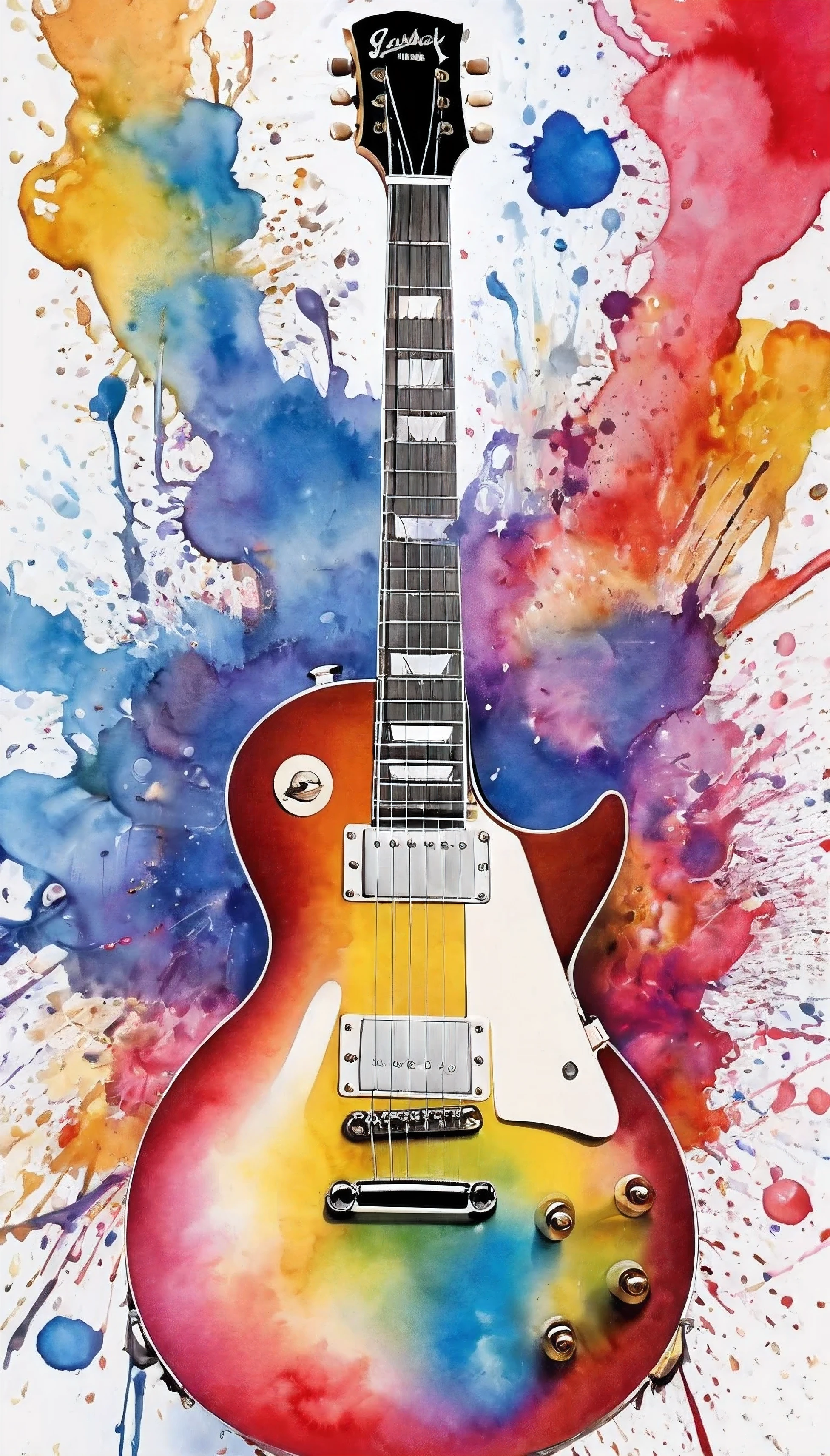 Draw the Gibson Les Paul small in the center,,The entire electric guitar is visibl,Ensure sufficient margin,Gibson Les Paul,22 frets, 6 strings, and 6 tuning pegs,The neck, frets, and strings are represented as straight, without warping,bright hues,beautiful oval shape,watercolor painting style, There is white space,splash of color, the best ever, colour splash, watercolor detailed art, water color splash, colourful artwork, colorful scene, colourful explosion, colorful splatters, digital artwork, vibrant watercolor painting, color explosion, artistic illustration