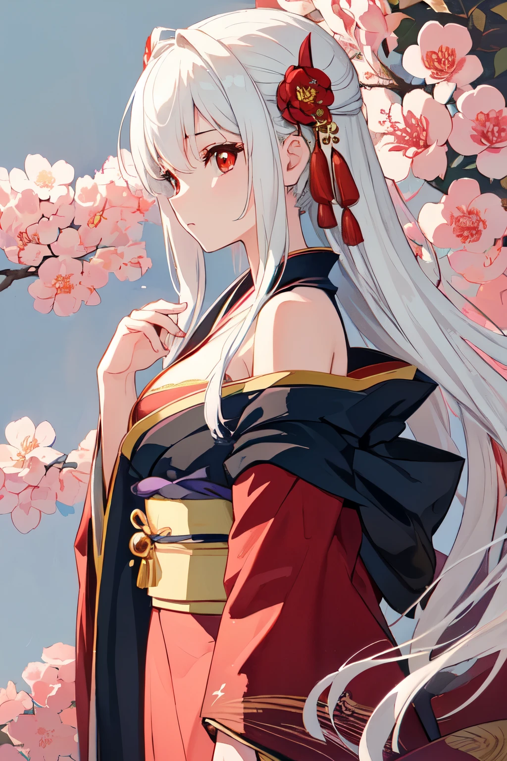 (Masterpiece: 1.2, Best), (Linglong Eyes: 1.2), ((1girl)), ((solo)), (Red Eyes: 1.4), (Linglong Eyes: 1.3), (Beautiful and Clear Background: 1.2) , (very detailed CG, super detailed, best shades: 1.1), ((depth of field)), ((watercolor)), (oni: 1.5), (kimono: 1.3), big boobs, bare shoulders, flowers and petals, beautiful concept art, (white background: 0.5), (illustration: 1.1), (extremely delicate: 1.1), (perfect detail: 1.1), silhouette, cowboy shot,