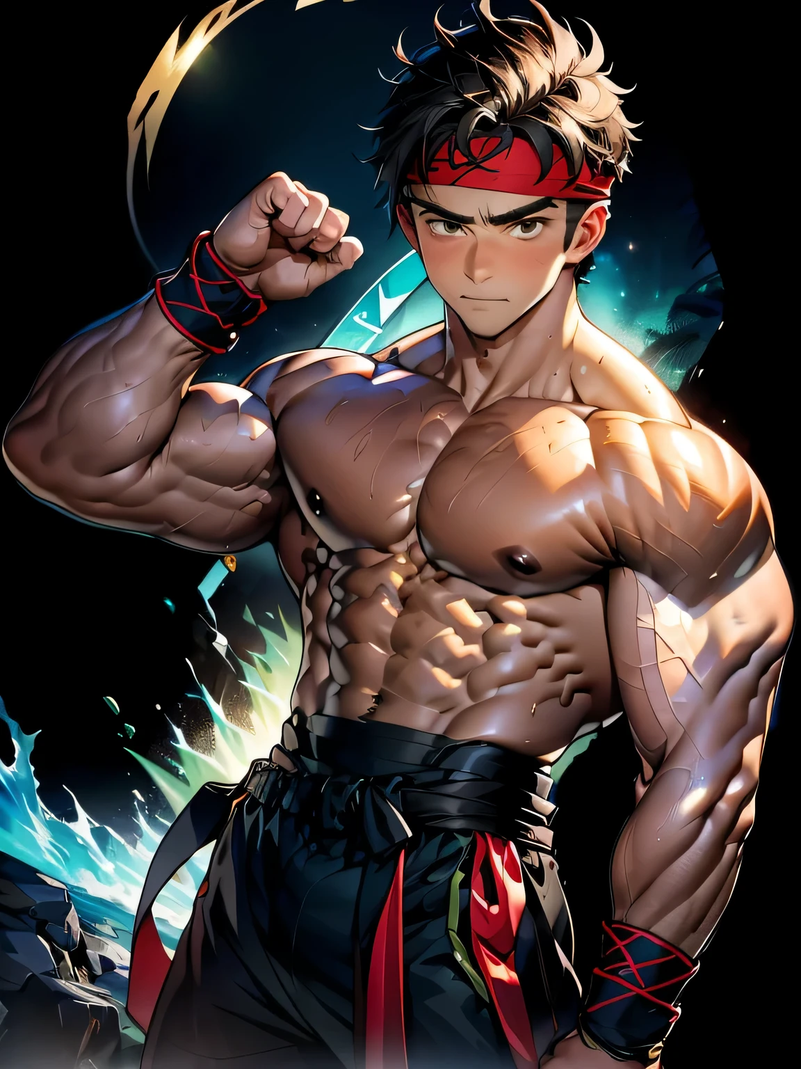 (Masterpiece, Best quality 19 year old boy, simple background, cowboy shot), solo, Young, boy, muscler, Shirtless, topless, (Dark Short straight hair, under cut, brown eyes), (red headband, ((black wristband, weist sash))), Vivid colors, (hot Abs:1.2, abs!, big abs, big breast:1.2, chest!, muscler upper arms), (topless male), closed mouth, serious, muscler!, muscler body, Man with martial arts stance, (aura power:1.4), detailed face, detailed muscle, (((A magical turquoise mystical aura graces his upper body, random pose)))