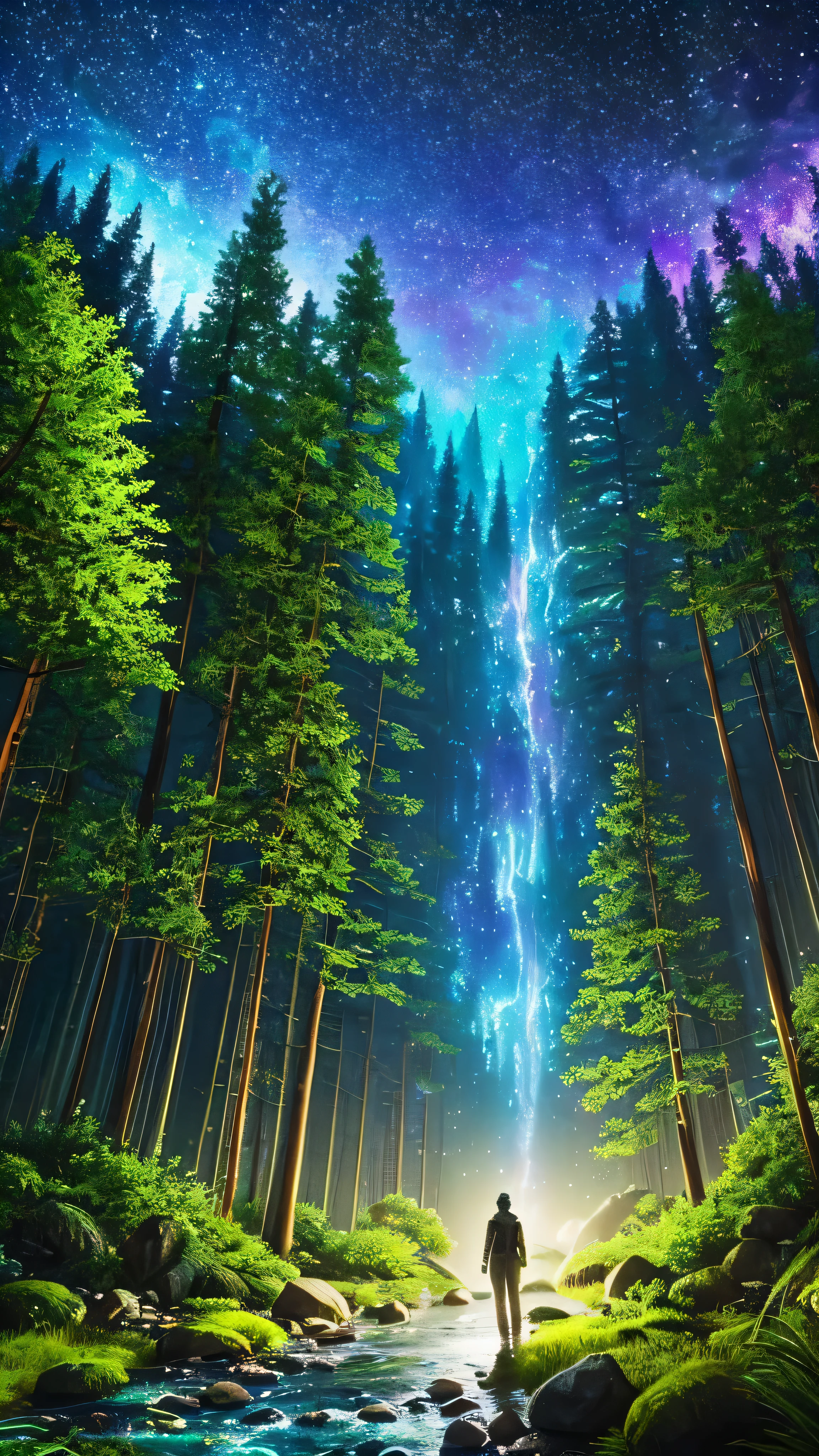 Photorealistic , otherworldly, ultrasky night time scene featuring a giant crystal with neon lights tree full body,very detailed and magical lighting, intricate forest details, vegetation and river around,landscape, giant tree, beatifull leafy with beautiful lighting and realistic proportions, as if it were a cinematic background, 8k, highest quality, masterpiece, clouds and stars in the sky.