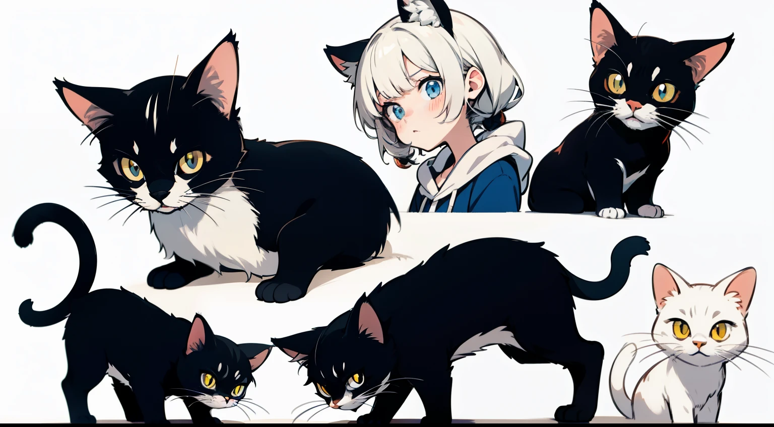 simple cat, full, young, manga, disney stlye, white, black strokes