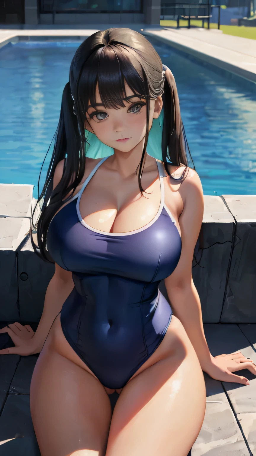 ((Highest quality, 8K, Super detailed, Masterpiece: 1.3)), A stunningly beautiful girl, her skin glistening in the sunlight, every curve and line of her perfect body rendered in sharp, realistic detail, ("School swimsuit, navy, transparent pussy": 1.2) hugging her anatomically correct figure, her big chest proudly on display in a dynamic pose. She stood by the poolside, one leg slightly squatted, her cleavage accentuated as she leaned forward, barefoot and emphasizing the hollow of her thighs which were wide open to the left and right. The realistic representation of her body showcased every detail, from the hollow of