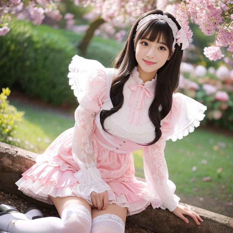 best quality, masterpiece, lifelike, 1 girl, alone, eternal, black hair, Long curly hair, blunt bangs, Smile, pink skirt, pink lolita dress, layered skirt, Lolita style long skirt,分層連衣裙 lace-trimmed 裙子, decorate, lace, long sleeve, puff sleeves, wide sleeves, Transparent sleeves, hair accessories, 在flower园里, flower, Detailed background,  delicate face，pink blush，White knee-length socks, Pink shoes，cold，Lots of lace，((​masterpiece))、(top quality)、8K、high detail、super detailed、 21 years old female，穿着pink lolita dress((dreamy atmosphere:1.1))、Seductive and whimsical style、​masterpiece、born、Scenes resembling fairy tale illustrations、Intricate details showcase the ruffles and intricate designs of the Lolita dress、beautifully、magic、capricious、 beautifully、Dream aesthetics、「𝓡𝓸𝓶𝓪𝓷𝓽𝓲𝓬、ethereal、charming、fickle、magic」、realism、Visual effects、FXAA、SSAO、shader、voiceless、environmental lighting、Tone mapping、High resolution、ultra high definition、megapixel、(8K resolution:1.10)、8K、Below 8K、8K resolution、high detail、intricate details、A look of surprise and awe on her face、 (high quality:1.2、​masterpiece:1.2、:1.21)、(21 years old female:1.21)、(興奮地Smile)、(Surrounded by the dreamy atmosphere of an amusement par色洛丽塔连衣裙、Her eyes were full of surprise and joy、I took a lot of geek photos、、High heel、Model diagram，full-body shot，Knee-high 白色的 lace socks,Sweet Lolita，Normal 2 feet，Pink shoes，Baotou shoes，full-body shot，baby star dress，have，Don't show your fingers，cold，Emphasize the volume of the skirt，exposed，Huge breasts，white underwear,The skirt flew up，Spread your legs，low cut，Expose panties