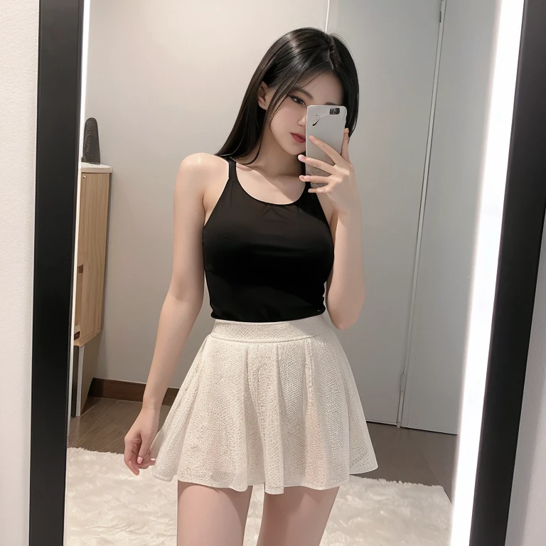 debris flies、highest quality、super fine、got it、High resolution、8k wallpaper、perfect dynamic composition、(((Full body Esbian)))、((from below))、20 year old cute girl、detailed beautiful face、delicate and cute eyes、fine-textured skin、My cheeks turned red、(wavy black hair)、thin legs、Please generate at the eaves、take a selfie with your mobile phone、room、wearing a tank top、white background、wearing a skirt、I can see your pants、panty shot、The exact shape of the areola、Transparent areola、nipples are transparent、Take a selfie through the mirror with your smartphone