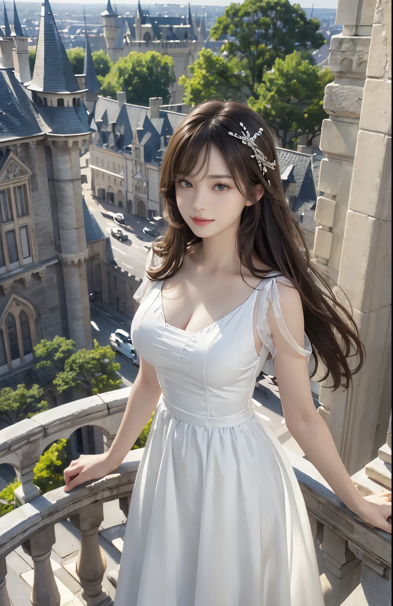 (ultra-realistic realism)、(illustration)、(A high resolution)、(8K)、(Best Illustration)、(Beautifully detailed eyes)、(top-quality)、(ultra - detailed)、(masterpiece)、(the wallpaper)、(A detailed face)、solo、looking at viewert、A detailed face、pureerosfaceace_V1、A smile、 long hair、slender body、plump breasts、46-point diagonal bangs、((White dress))、((Beautiful woman standing on the balcony of the castle))
